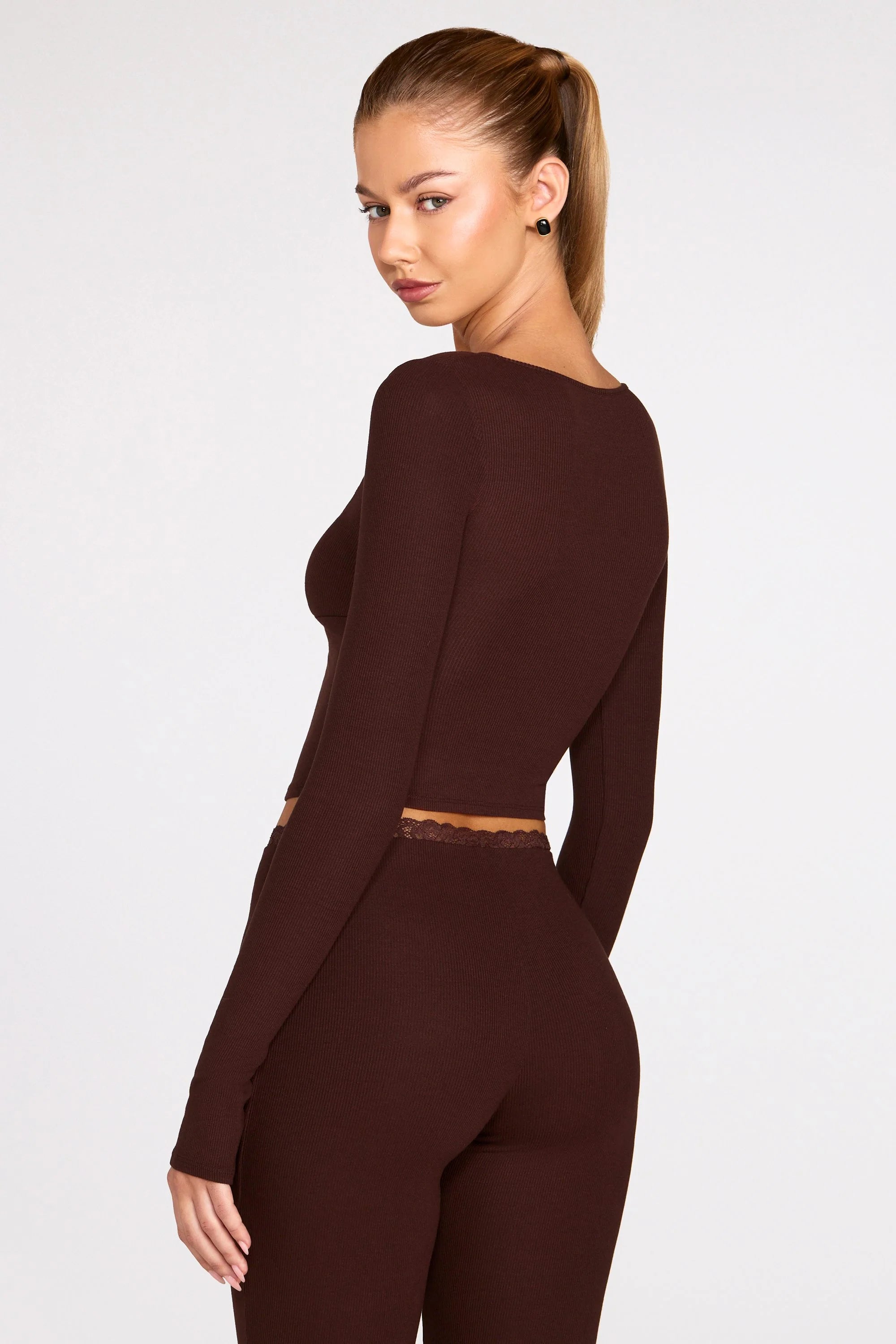 Ribbed Modal Long Sleeve Laced Bra Top in Chocolate Brown