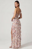 Asymmetric Ruffled Lace Up Gown in Primrose Floral Print