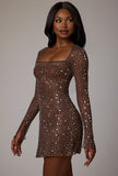 Sheer Embellished Long Sleeve A Line Mini Dress in Deep Cocoa
