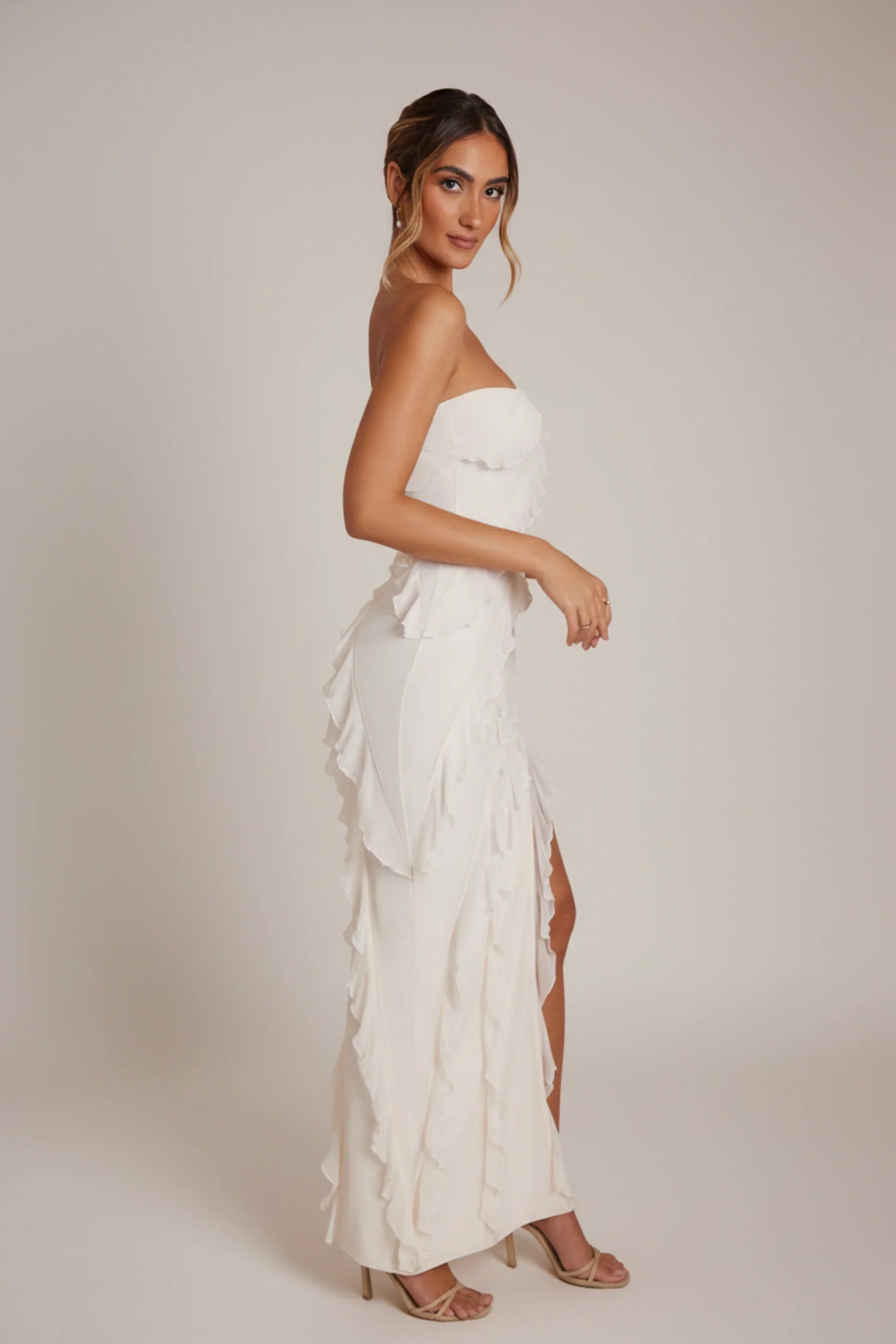 Bandeau Ruffle Detail Maxi Dress in Ivory