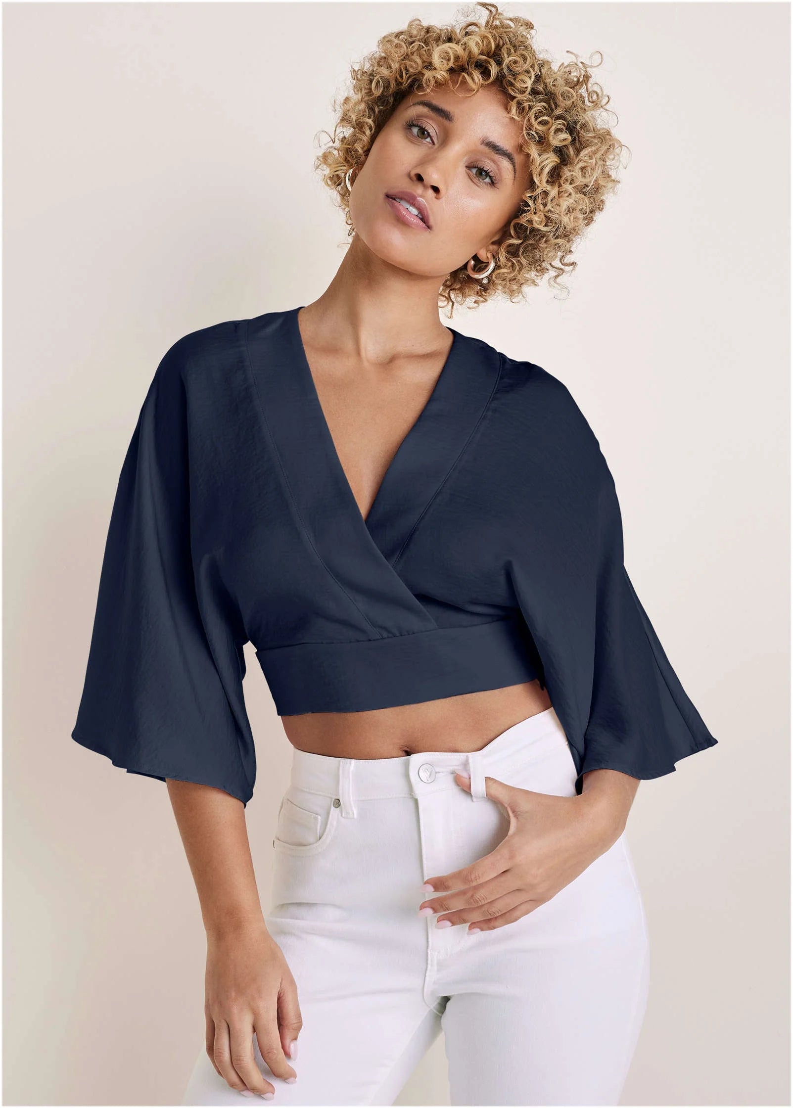 Kimono Sleeve Faux Wrap Top Navy