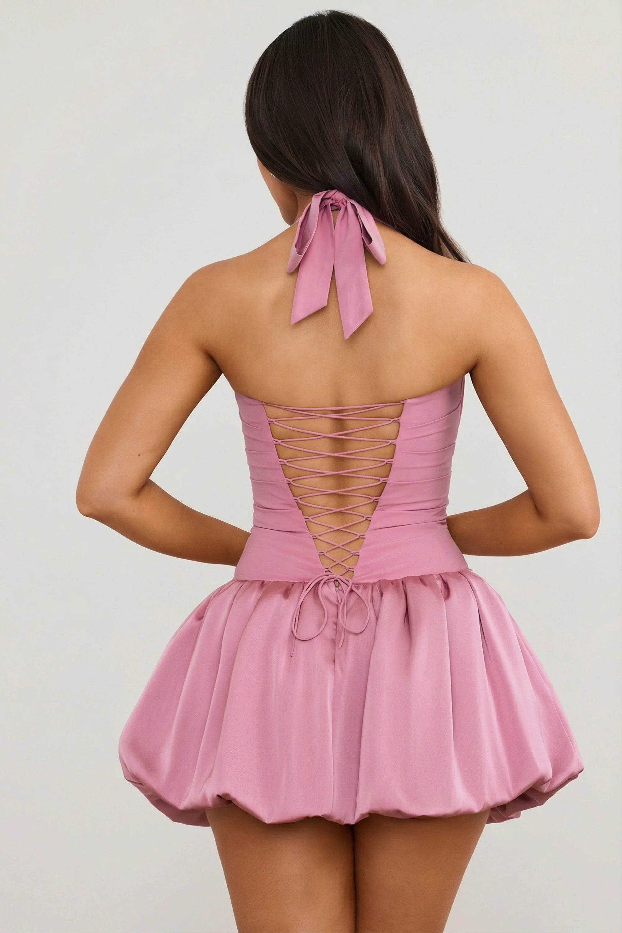 Halterneck Lace Up Bubble Hem Corset Micro Mini Dress in Mauve