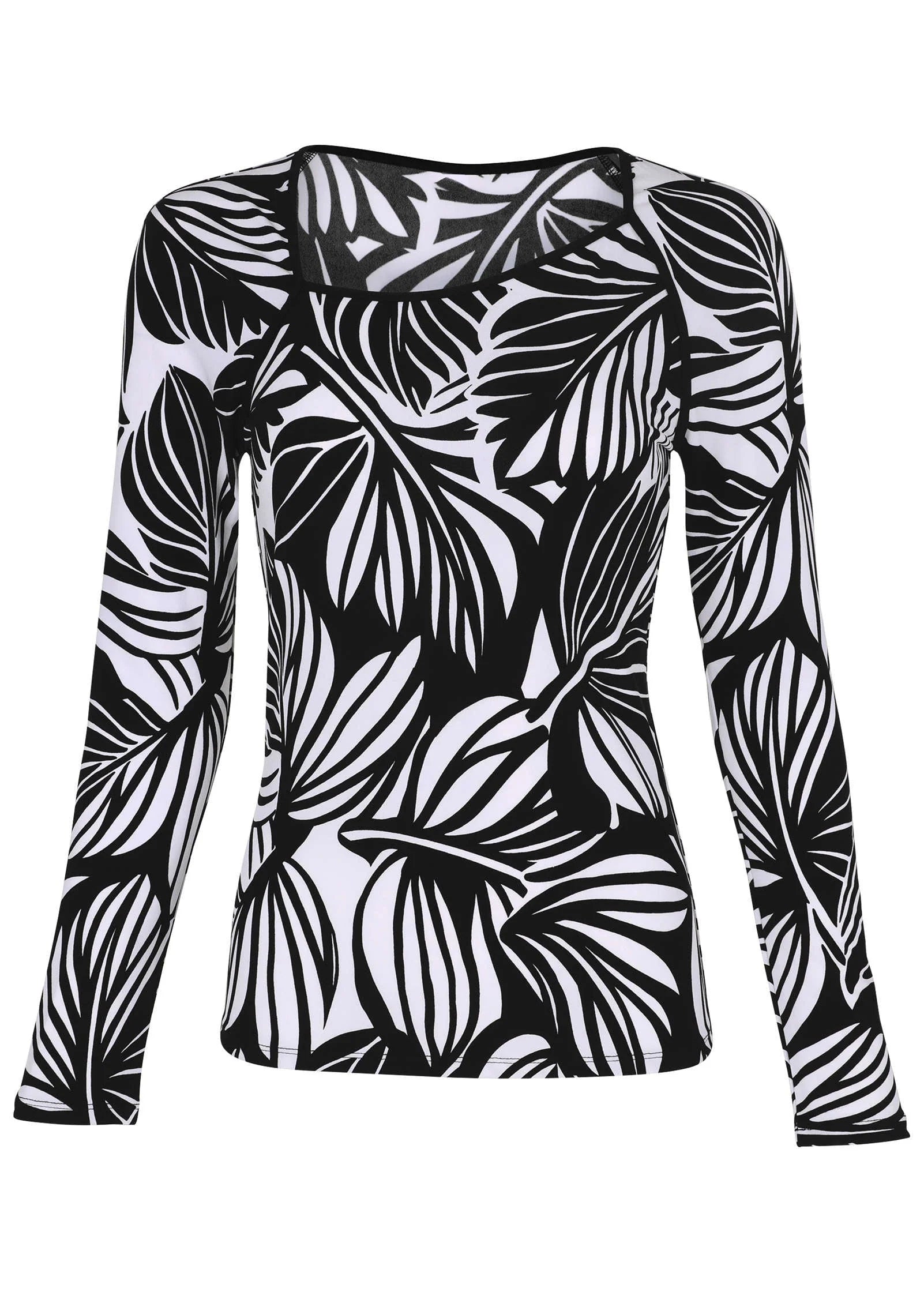 Asymmetric Neck Top Black Contrast Bold Leaves