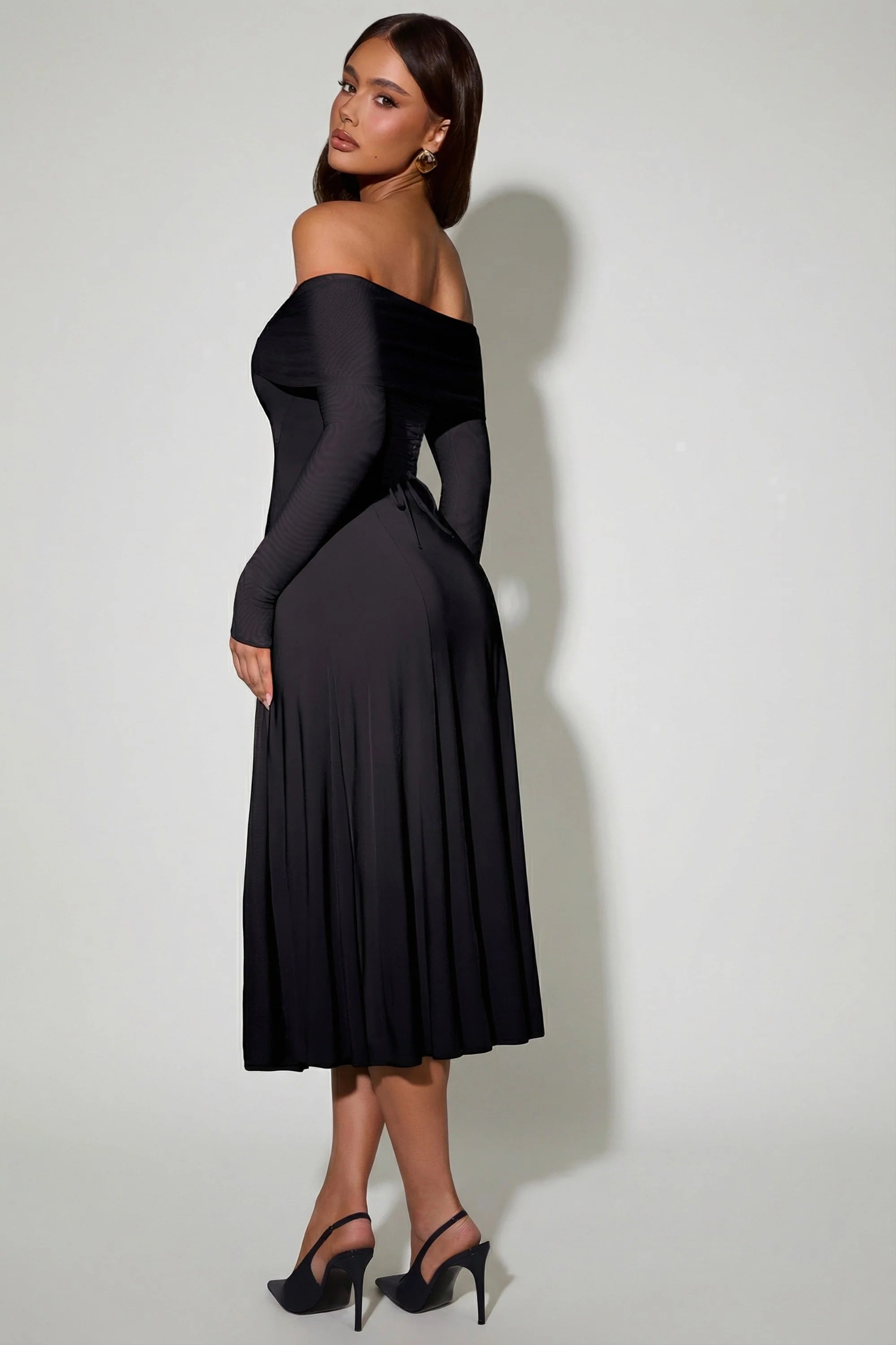 Off Shoulder Lace Up A Line Midaxi Dress in Black