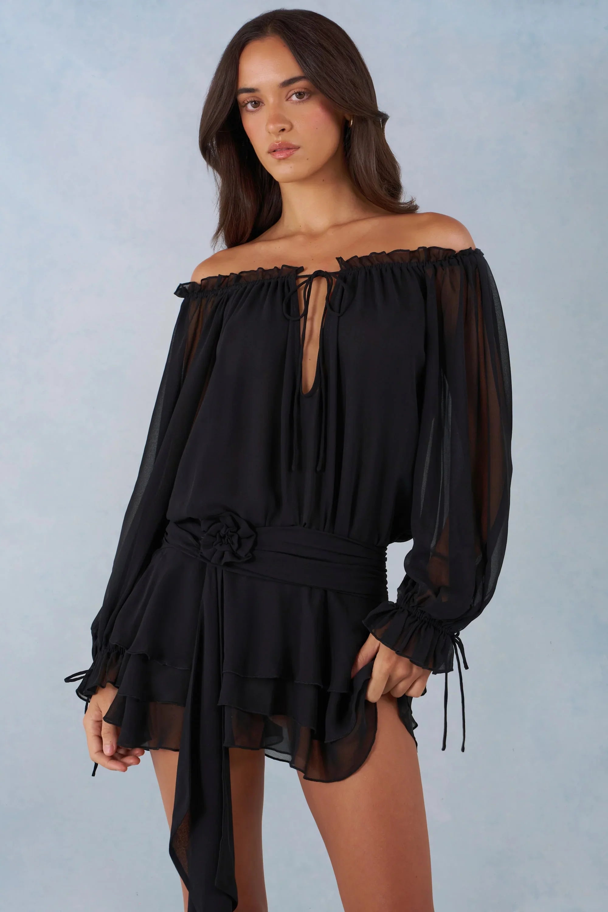 Off Shoulder Balloon Sleeve Mini Dress in Black