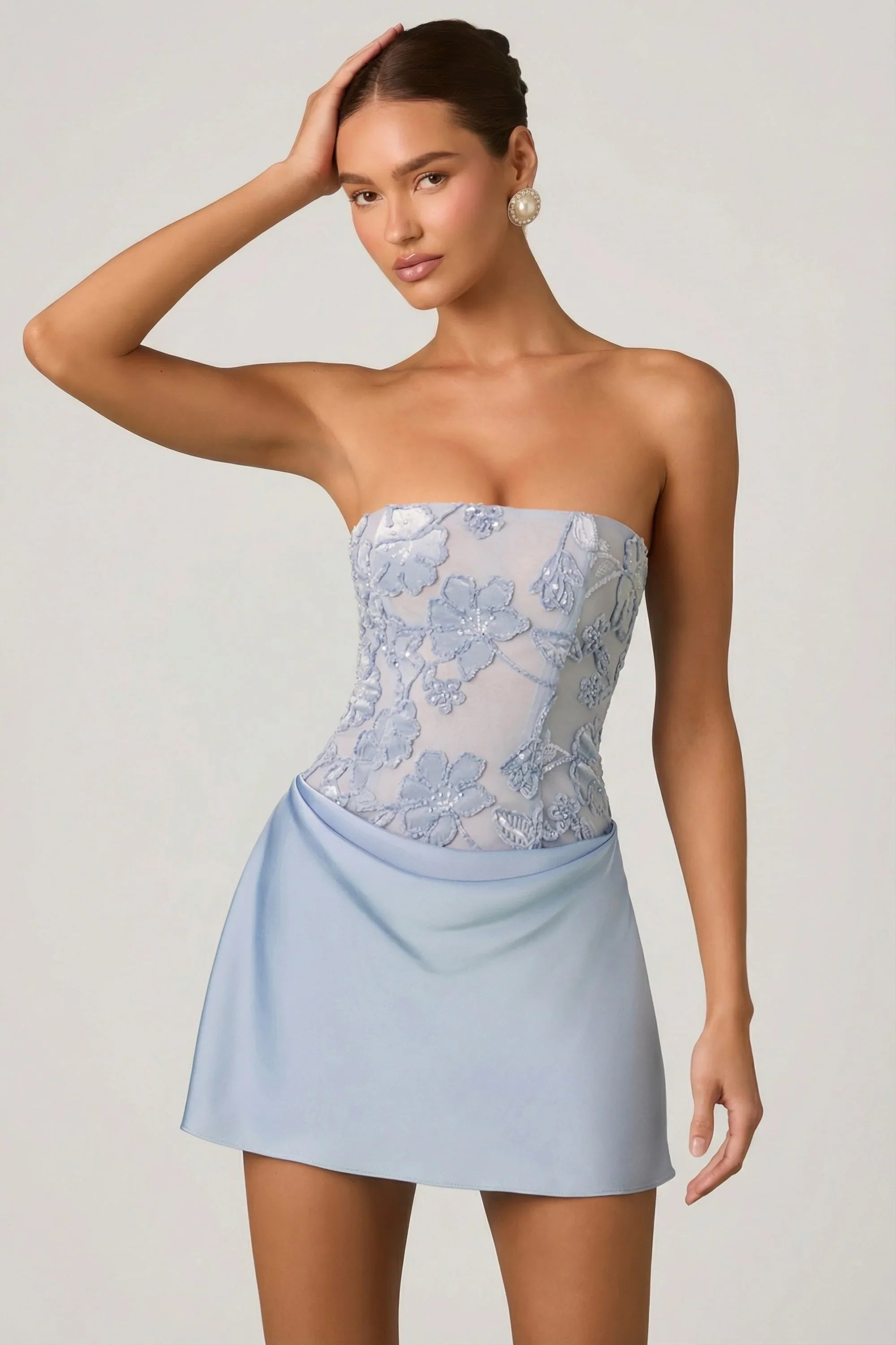 Embellished Draped Strapless A Line Mini Dress in Sky Blue
