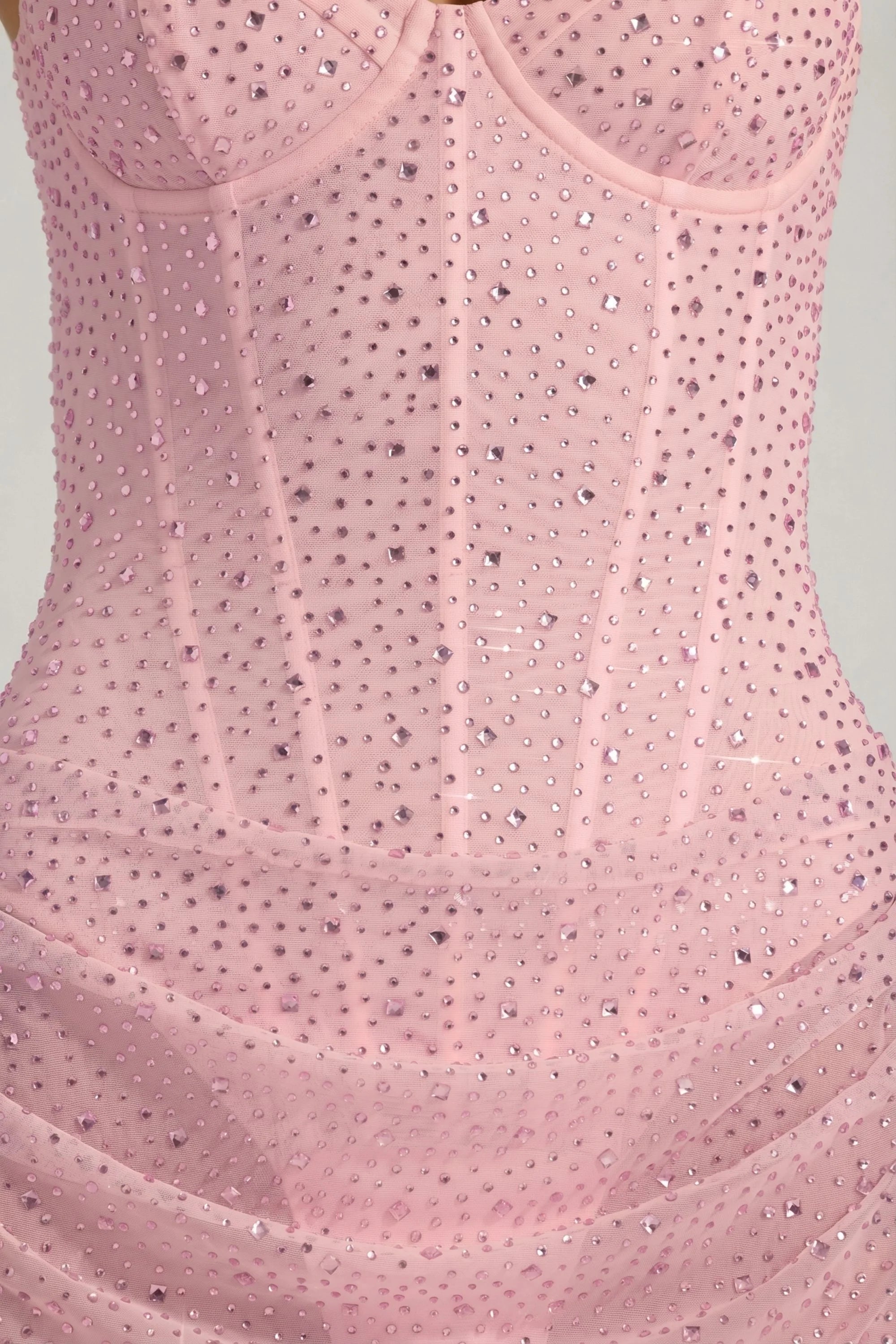 Semi Sheer Embellished Draped Corset Mini Dress in Pink