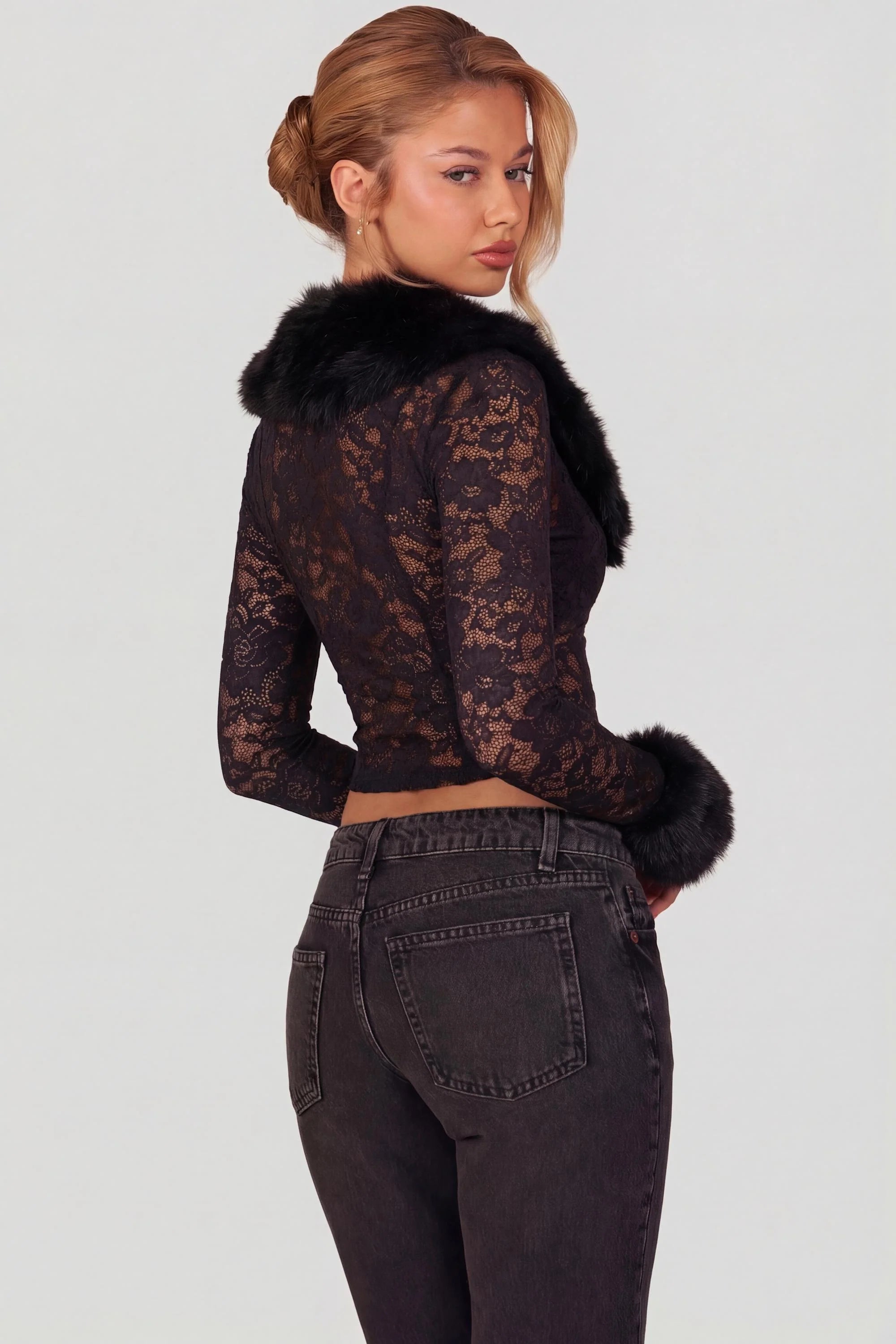 Sheer Lace Faux Fur Trim Cardigan in Black