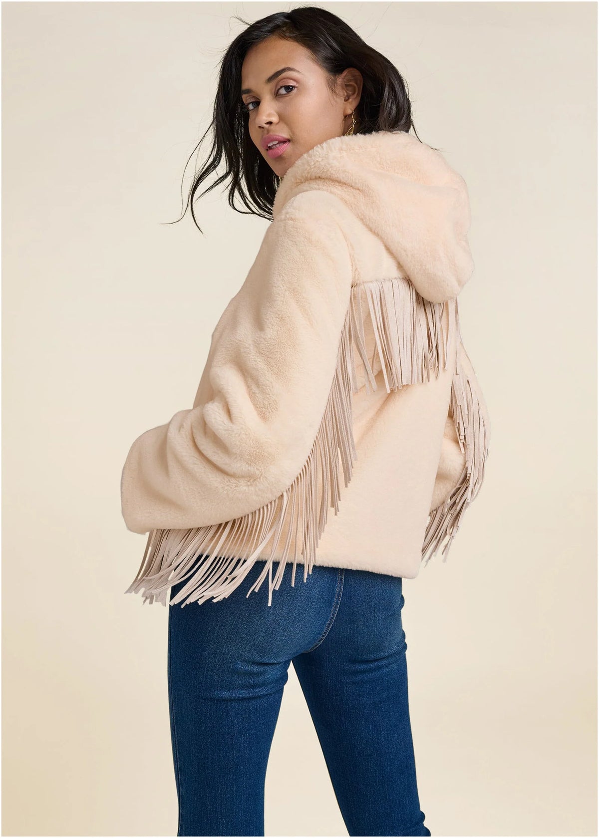 Faux Fur Bomber Jacket With Fringe Detail White