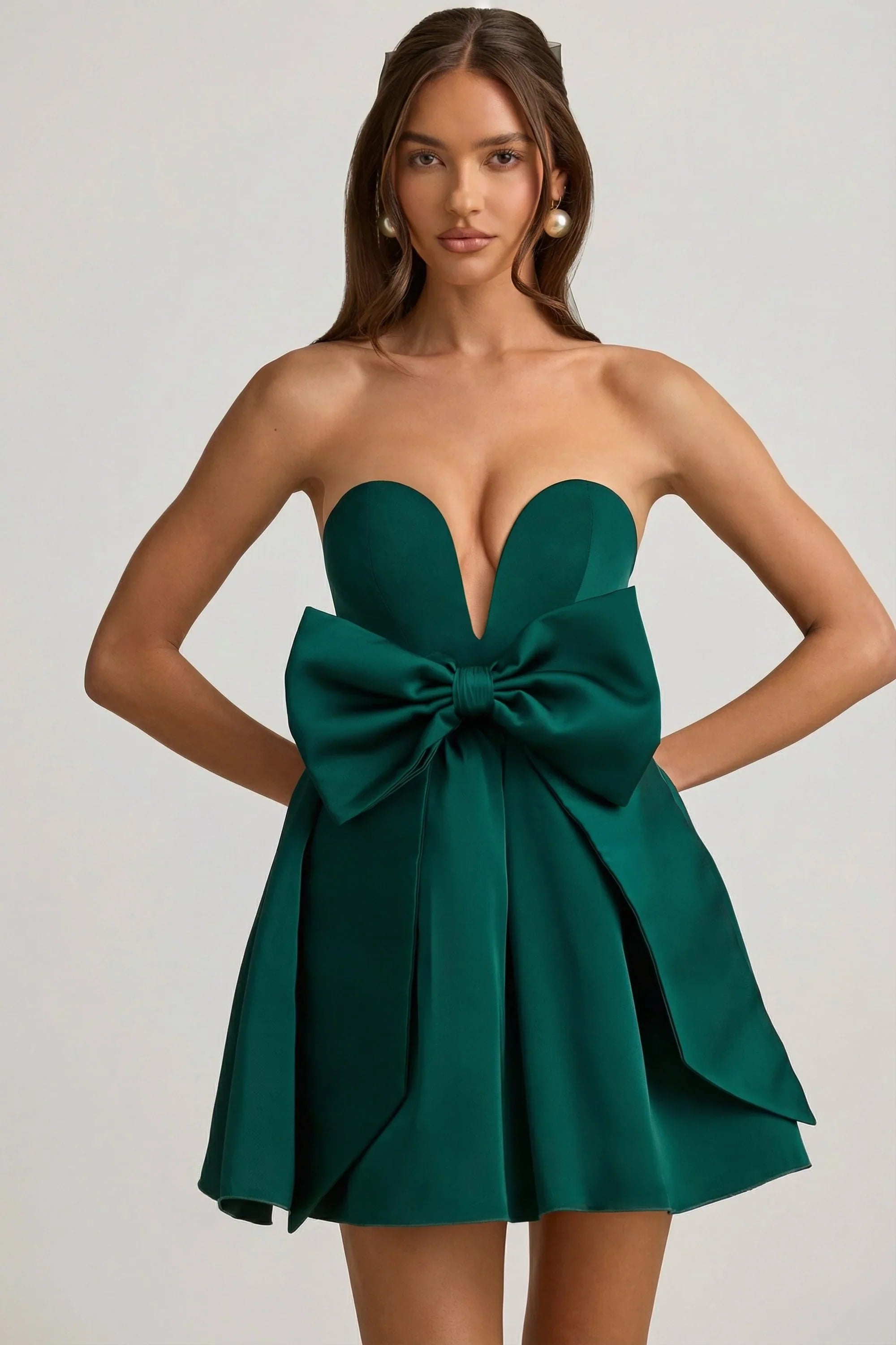 Bow Detail Corset Mini Dress in Emerald Green