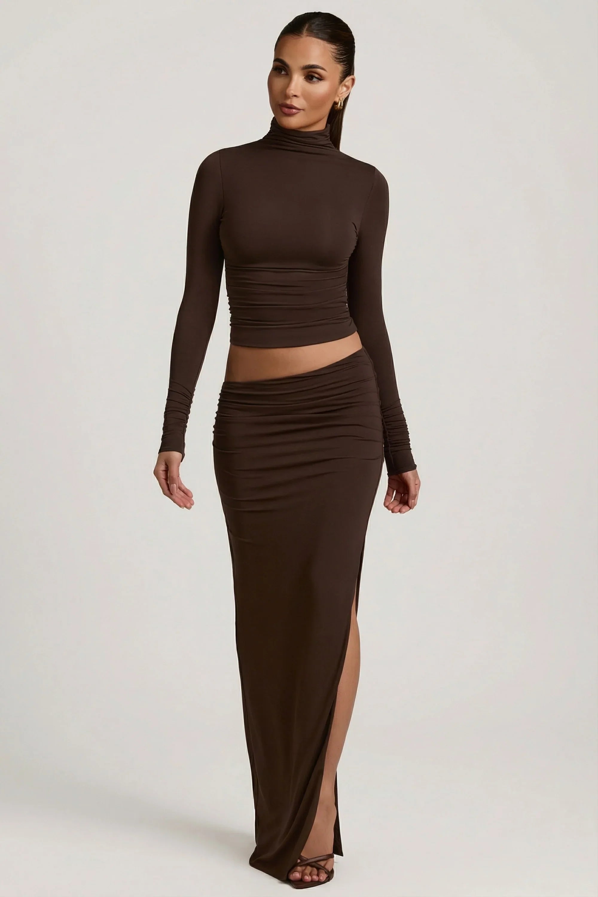 Modal Asymmetric Waist Maxi Skirt in Chocolate Brown
