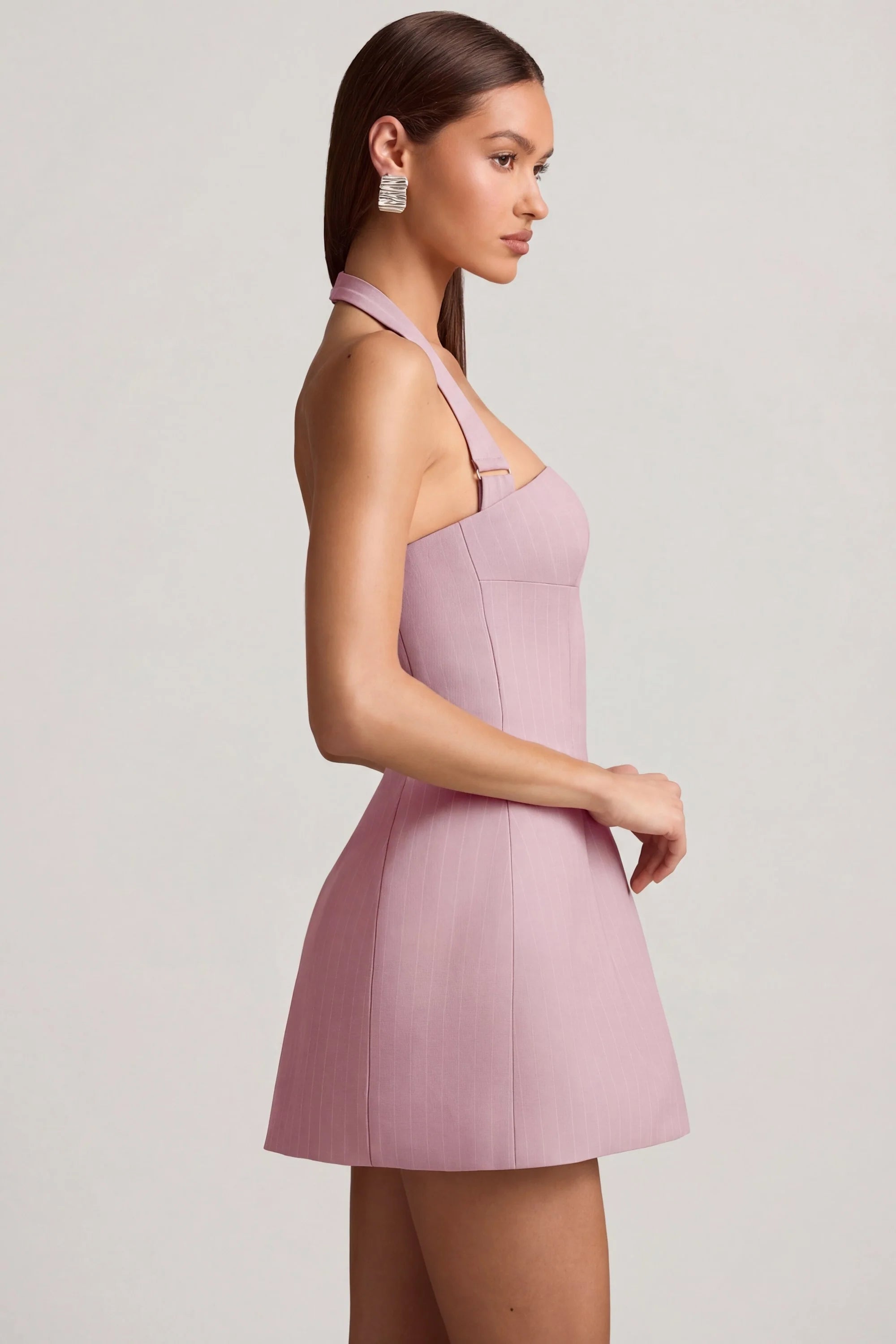Pinstripe Halterneck Structured A Line Mini Dress in Mauve