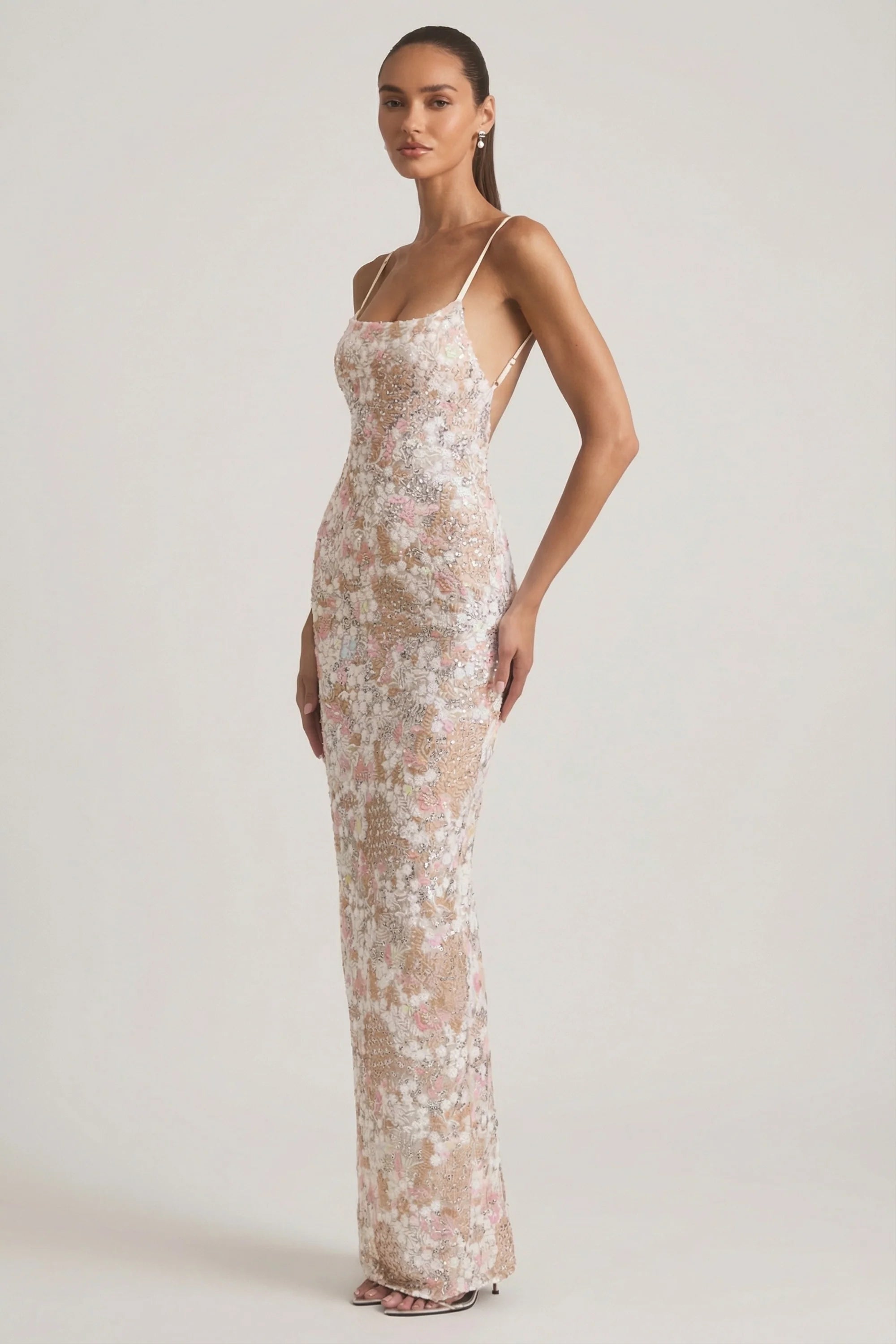 Embellished Scoop Neck Backless Maxi Dress in Ivory