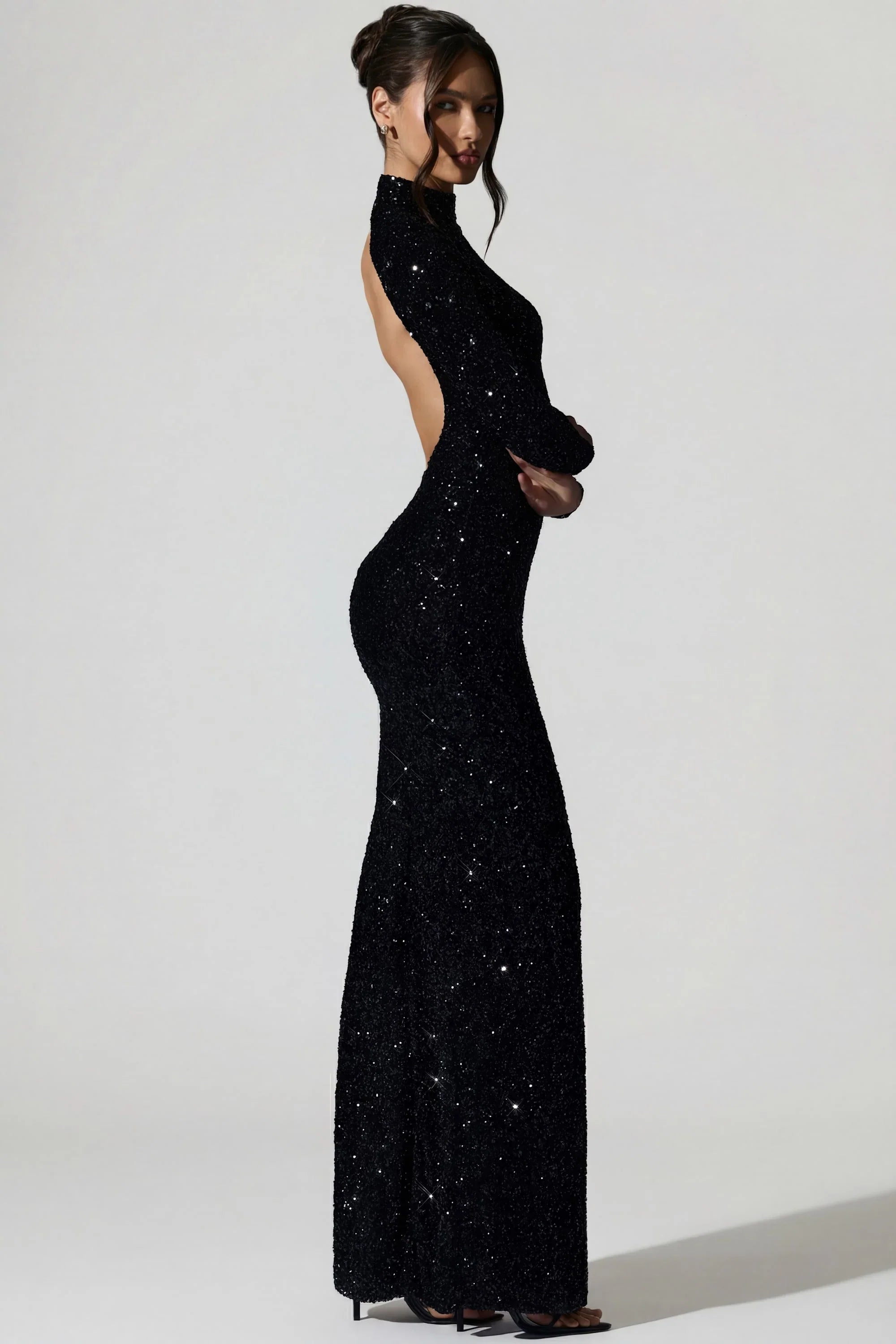 Embellished Open Back Gown in Black