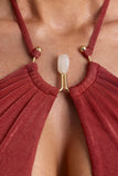 Hardware Detail Cut Out Halterneck Maxi Dress in Auburn Brown