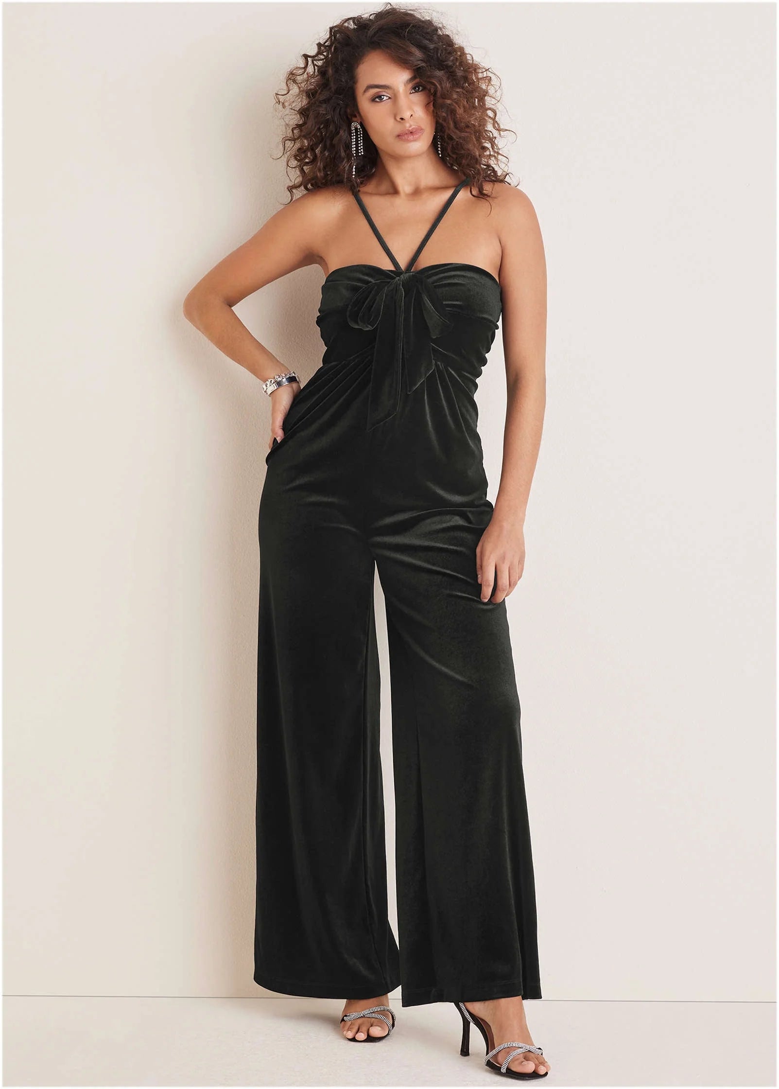 Stretch Velvet Halter Jumpsuit Black