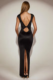 Satin Boat Neck Twist Back Maxi Dress in Black