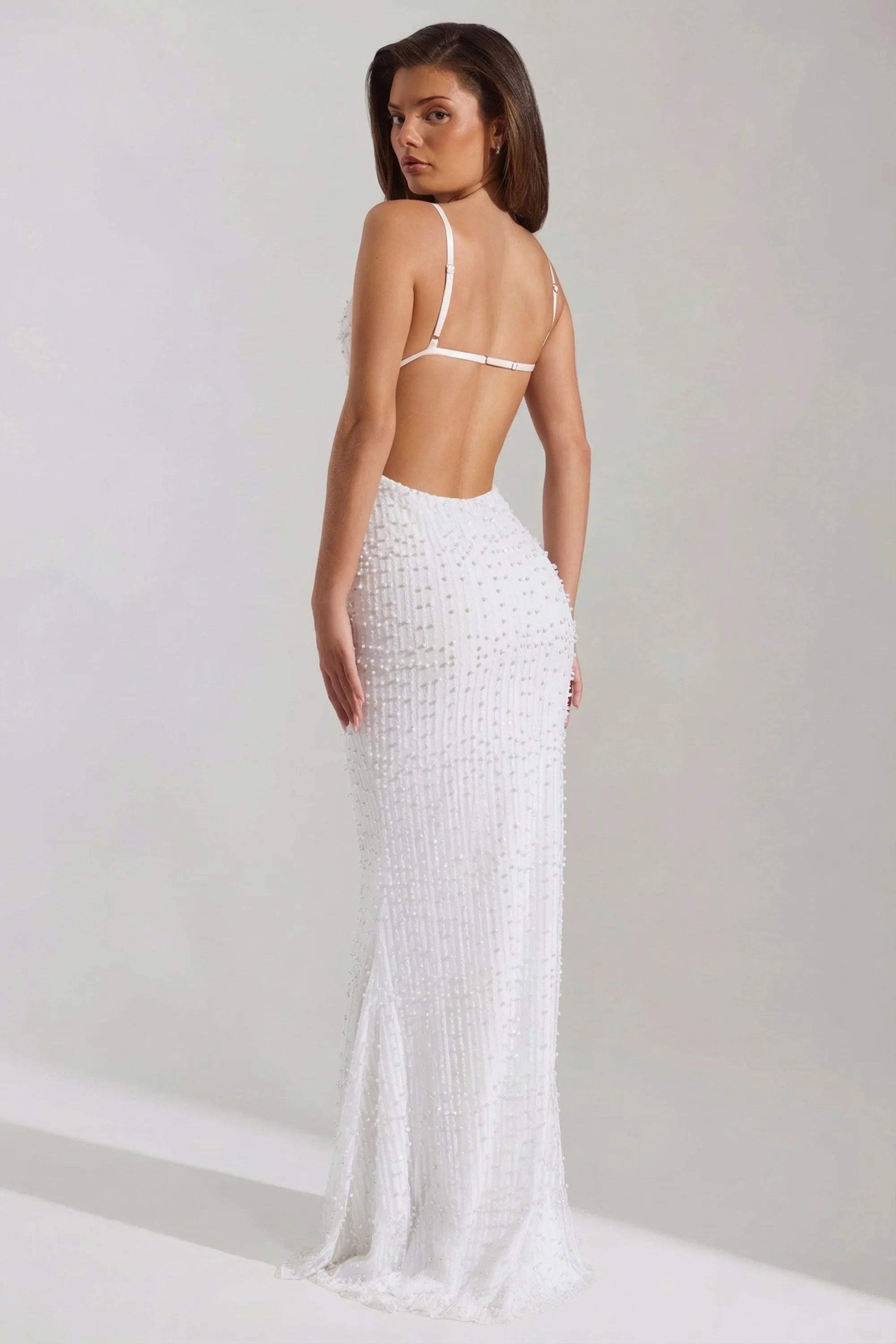 Embellished Cowl Neck Backless Maxi Dress in White