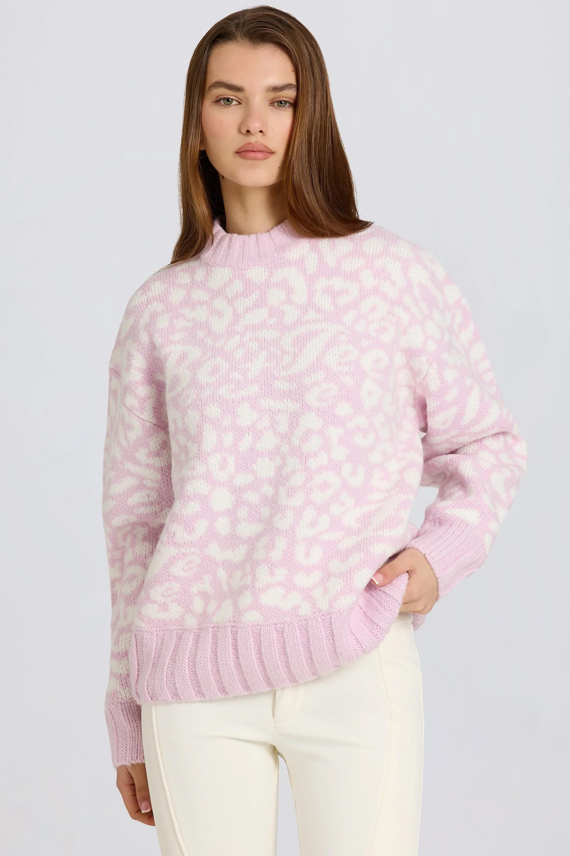 Jacquard Knit Oversized Jumper in Pink