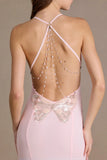 Chiffon Cowl Neck Open Back Gown in Baby Pink
