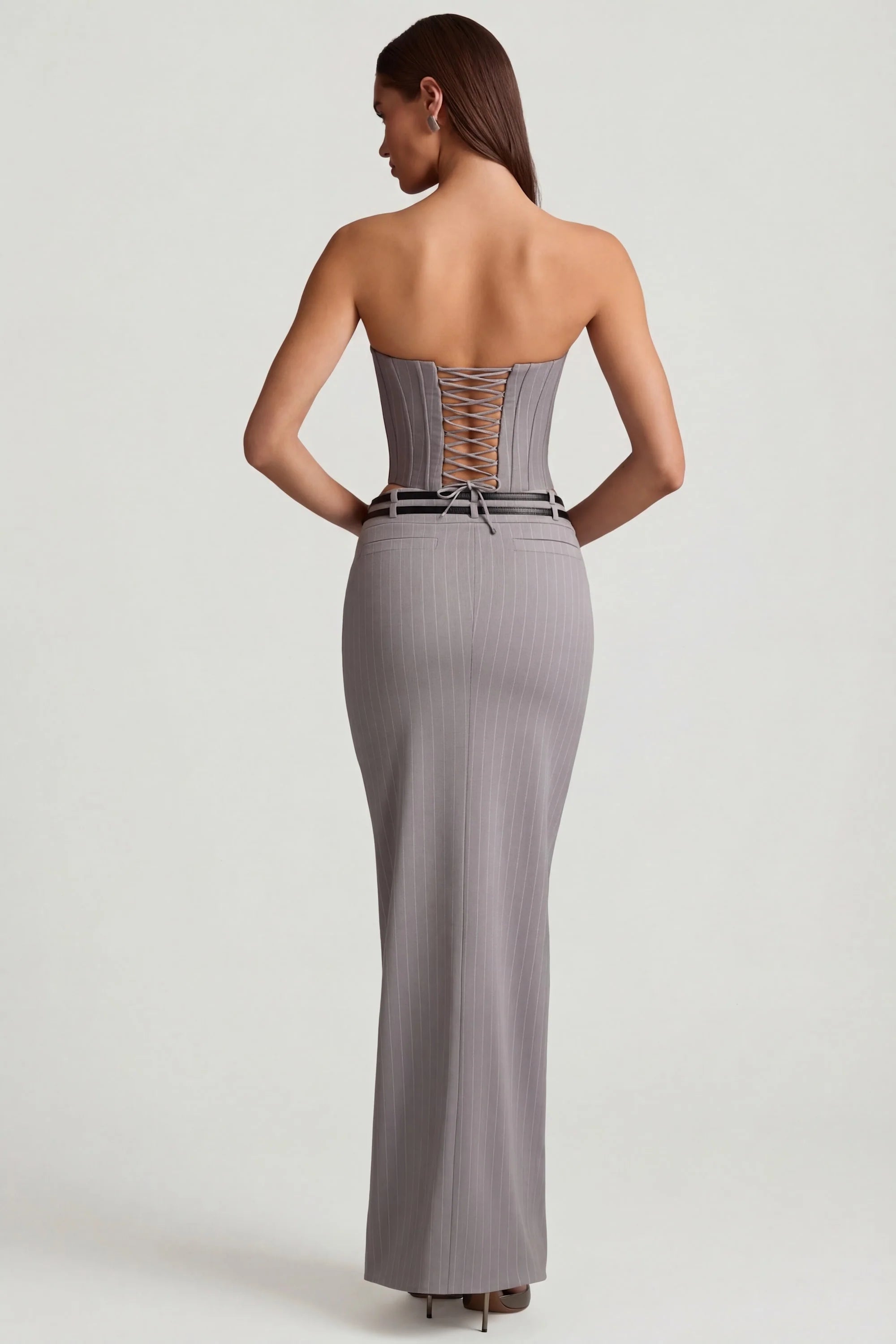 Pinstripe Low Rise Maxi Skirt in Grey