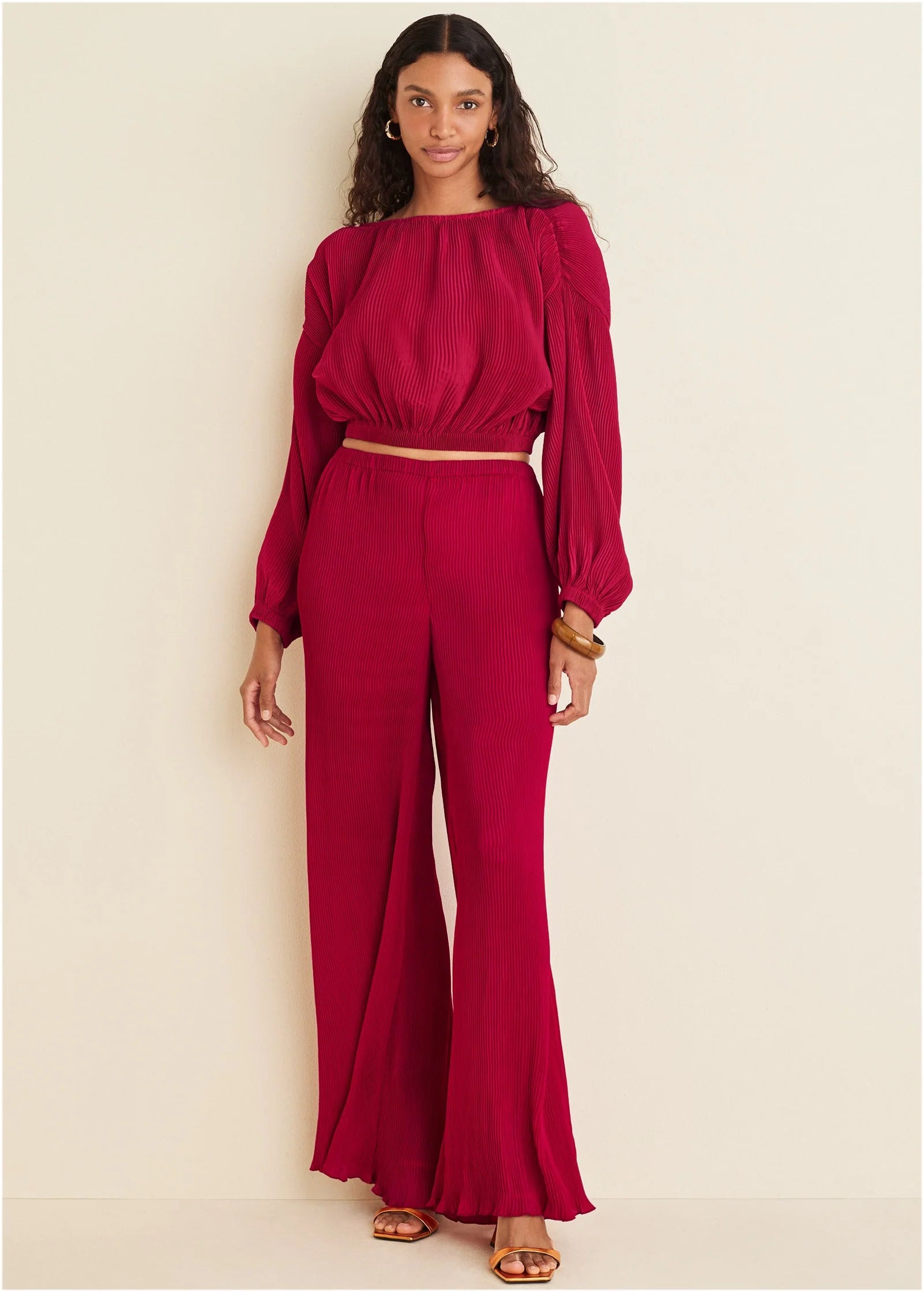 Plisse Wide Leg Pants Red