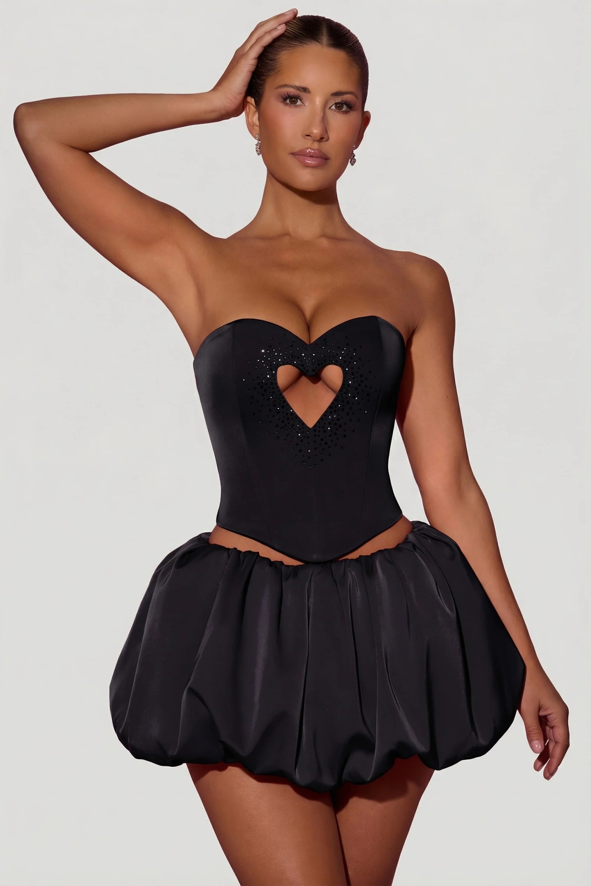 Embellished Heart Cut Out Strapless Corset Top in Black