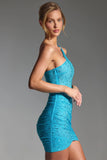 Embellished One Shoulder Mini Dress in Aqua Blue