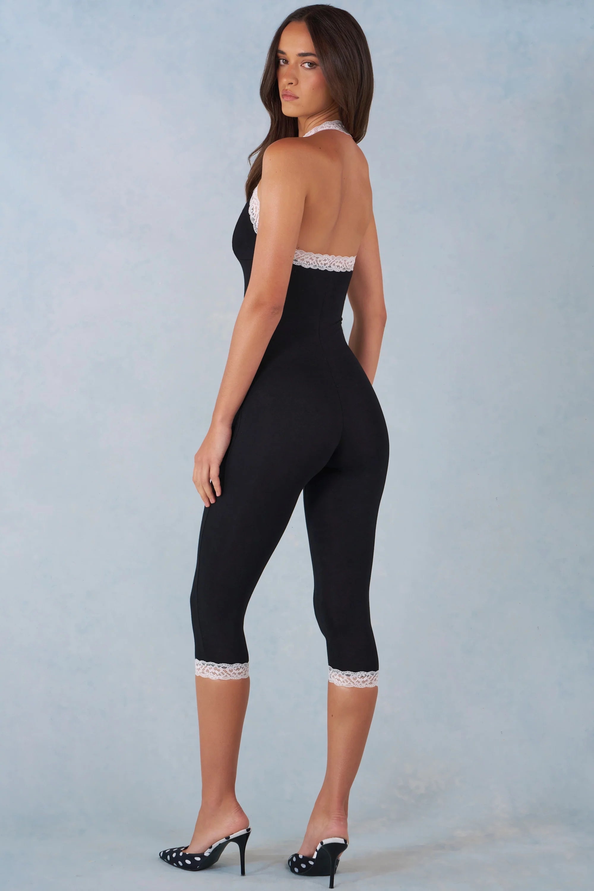 Modal Lace Trim Capri Jumpsuit in Black