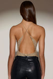 Embellished Jersey Halterneck Backless Top in Gold