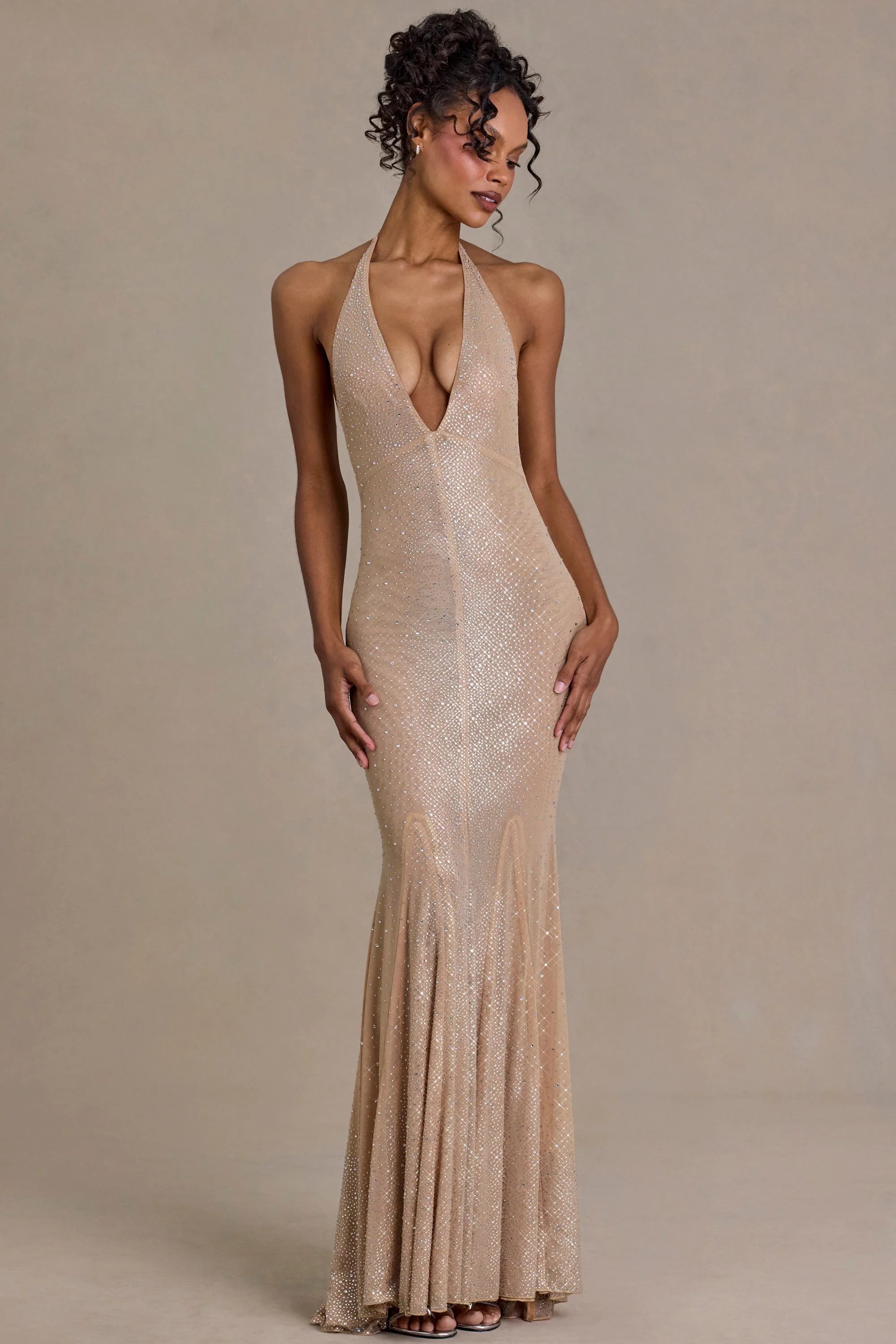 Embellished Plunge Neck Open Back Gown in Beige Gold