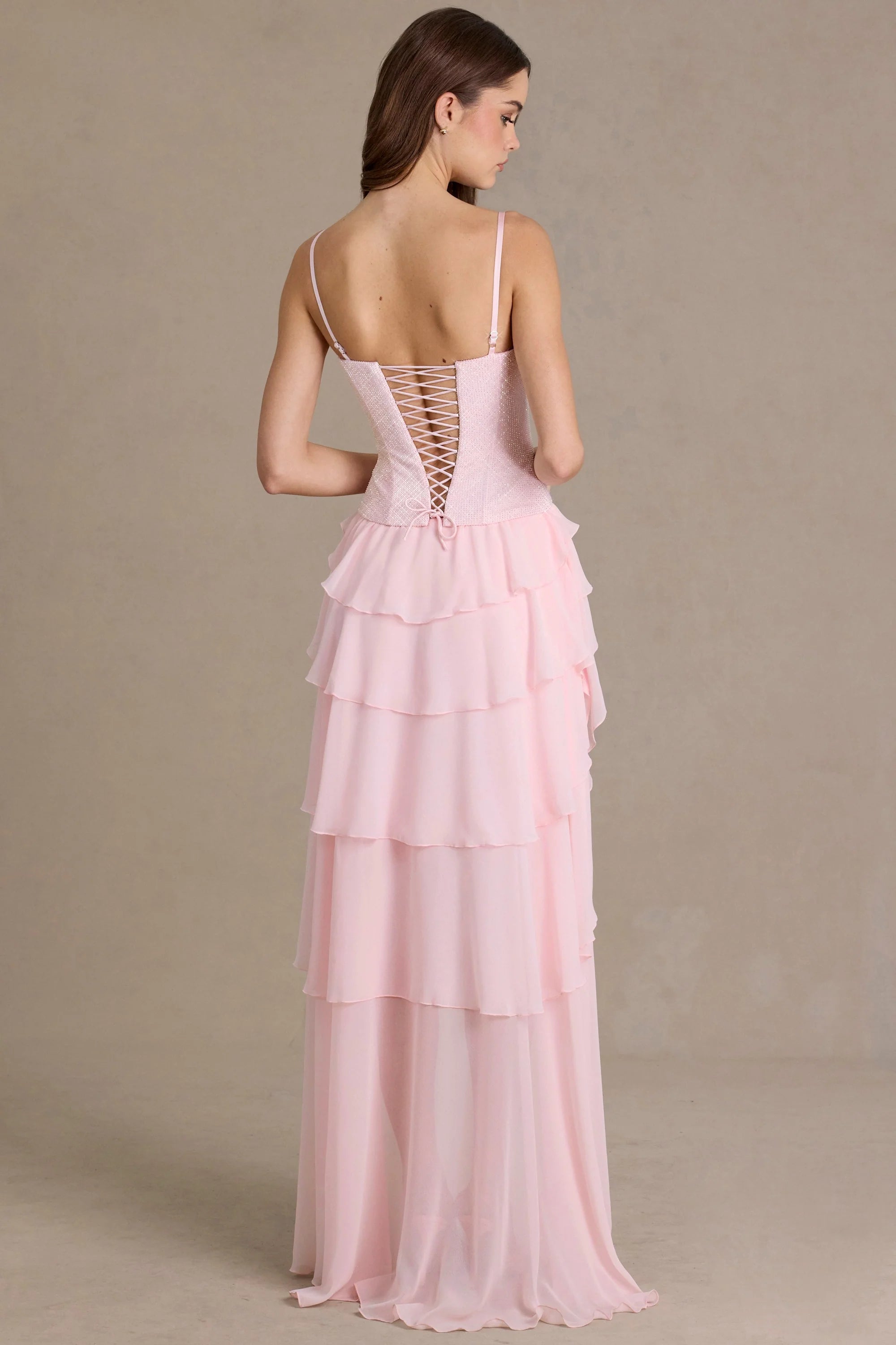 Embellished Cowl Neck Corset Gown in Baby Pink