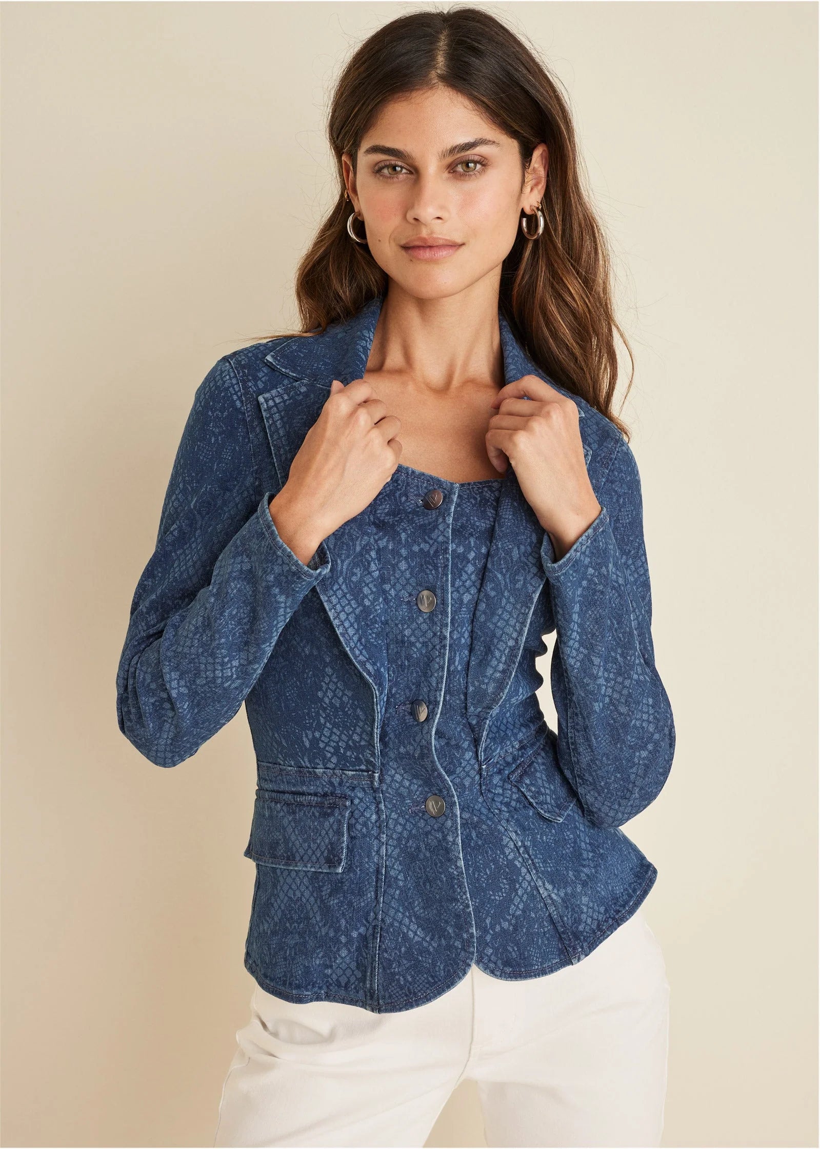 Lace Print Denim Blazer Medium Wash