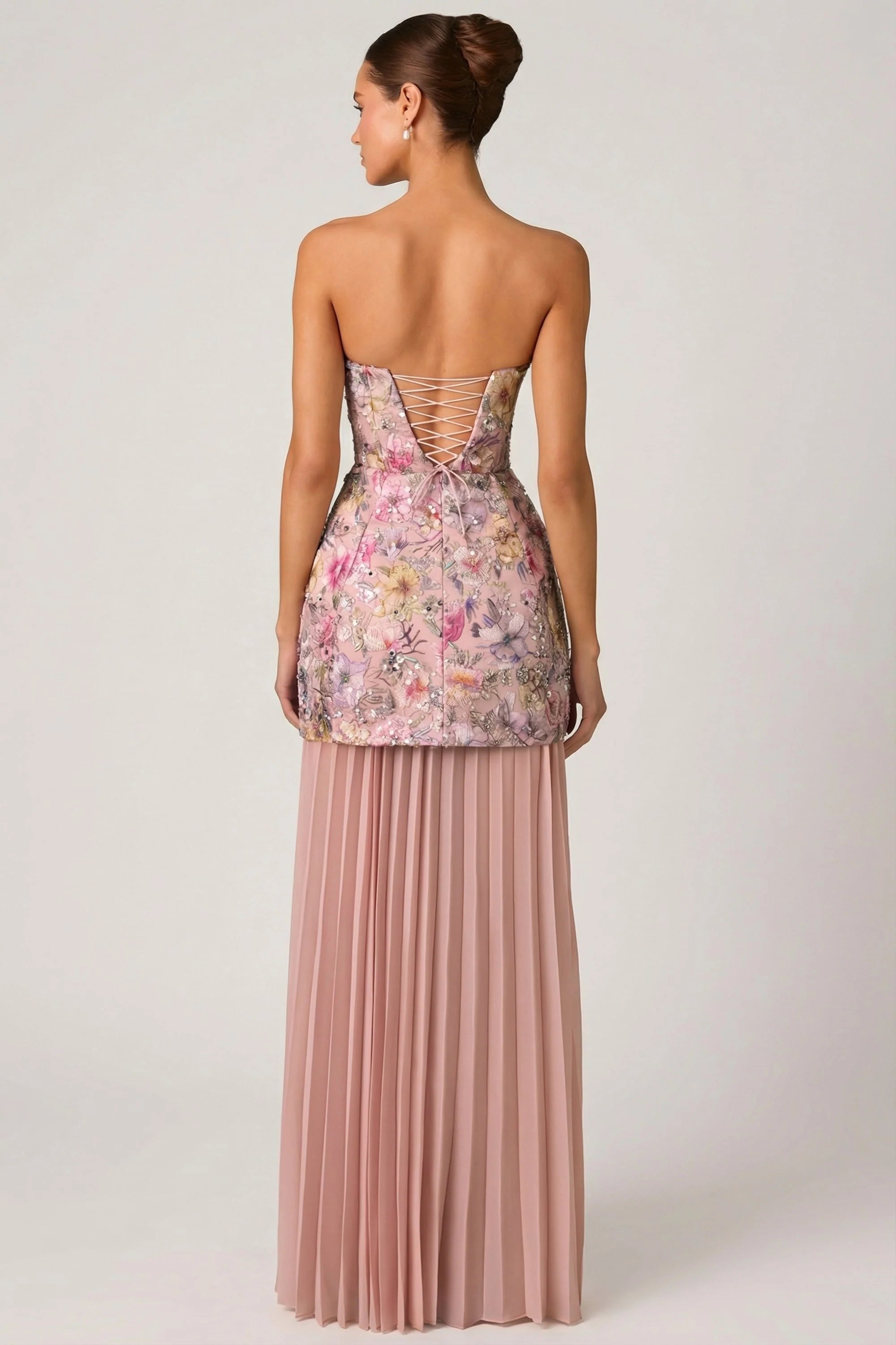 Embellished Convertible Lace Up Gown in Floral Pink