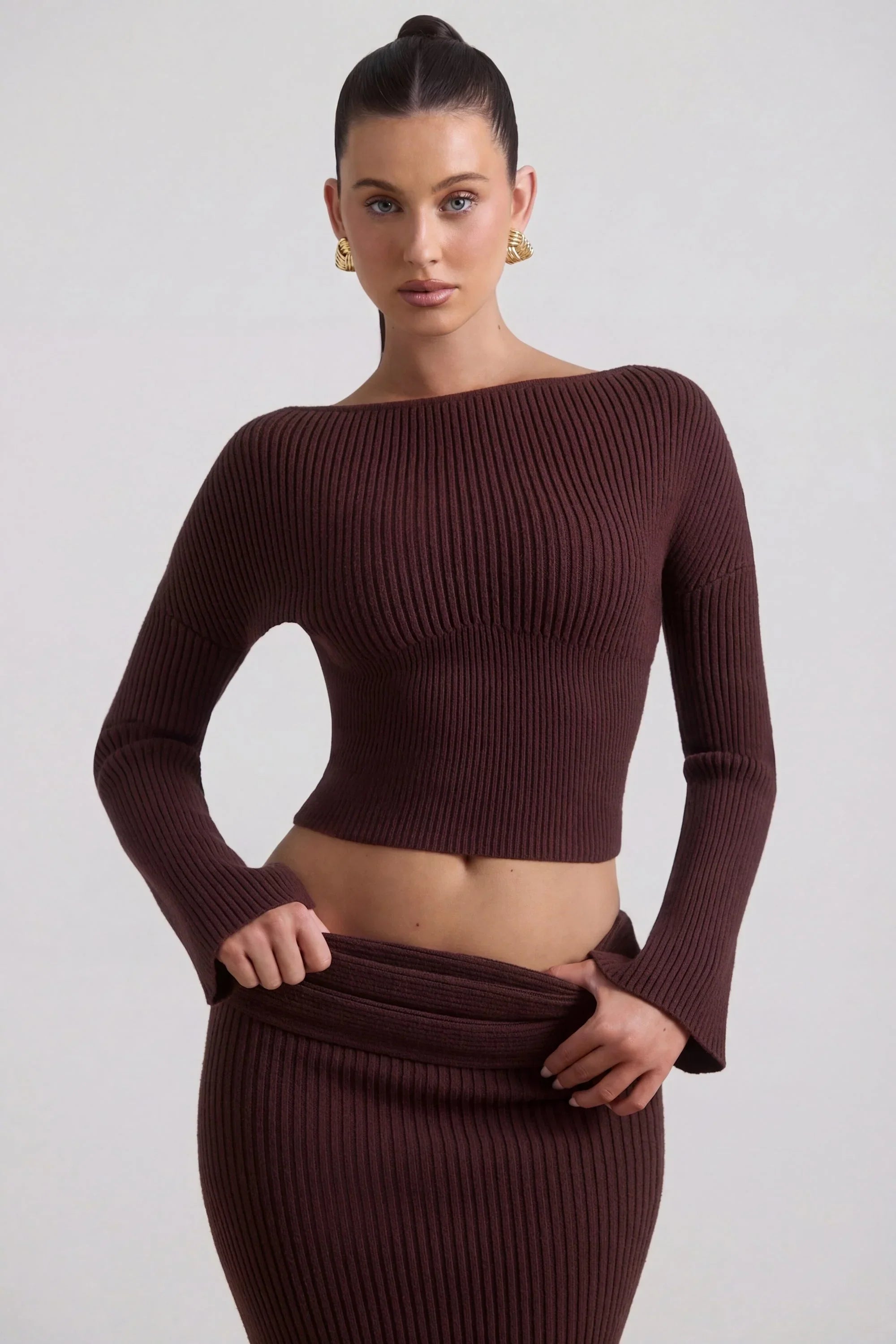 Ribbed Knit Slash Neck Top in Espresso