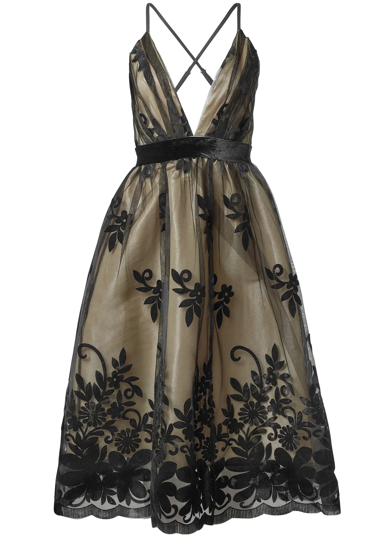 Velvet Floral Midi Dress Black Nude