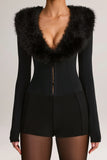 Faux Fur Trim Corset Playsuit in Black