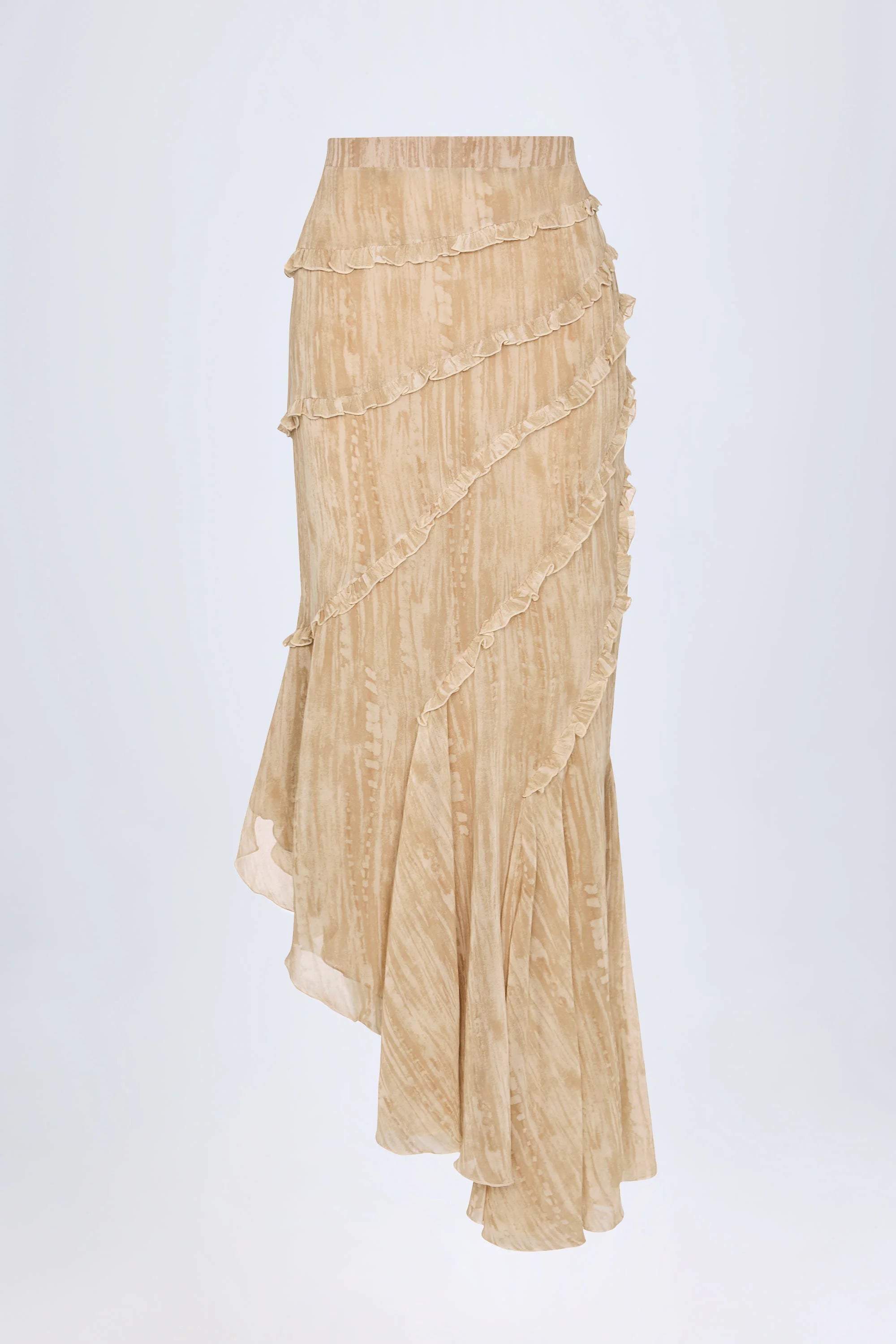 Ruffled Asymmetric Mid Rise Maxi Skirt in Tan Print