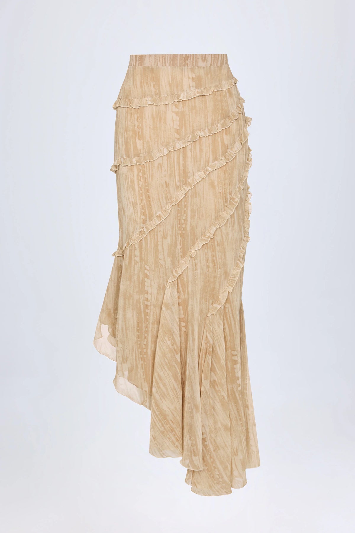 Ruffled Asymmetric Mid Rise Maxi Skirt in Tan Print