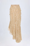 Ruffled Asymmetric Mid Rise Maxi Skirt in Tan Print