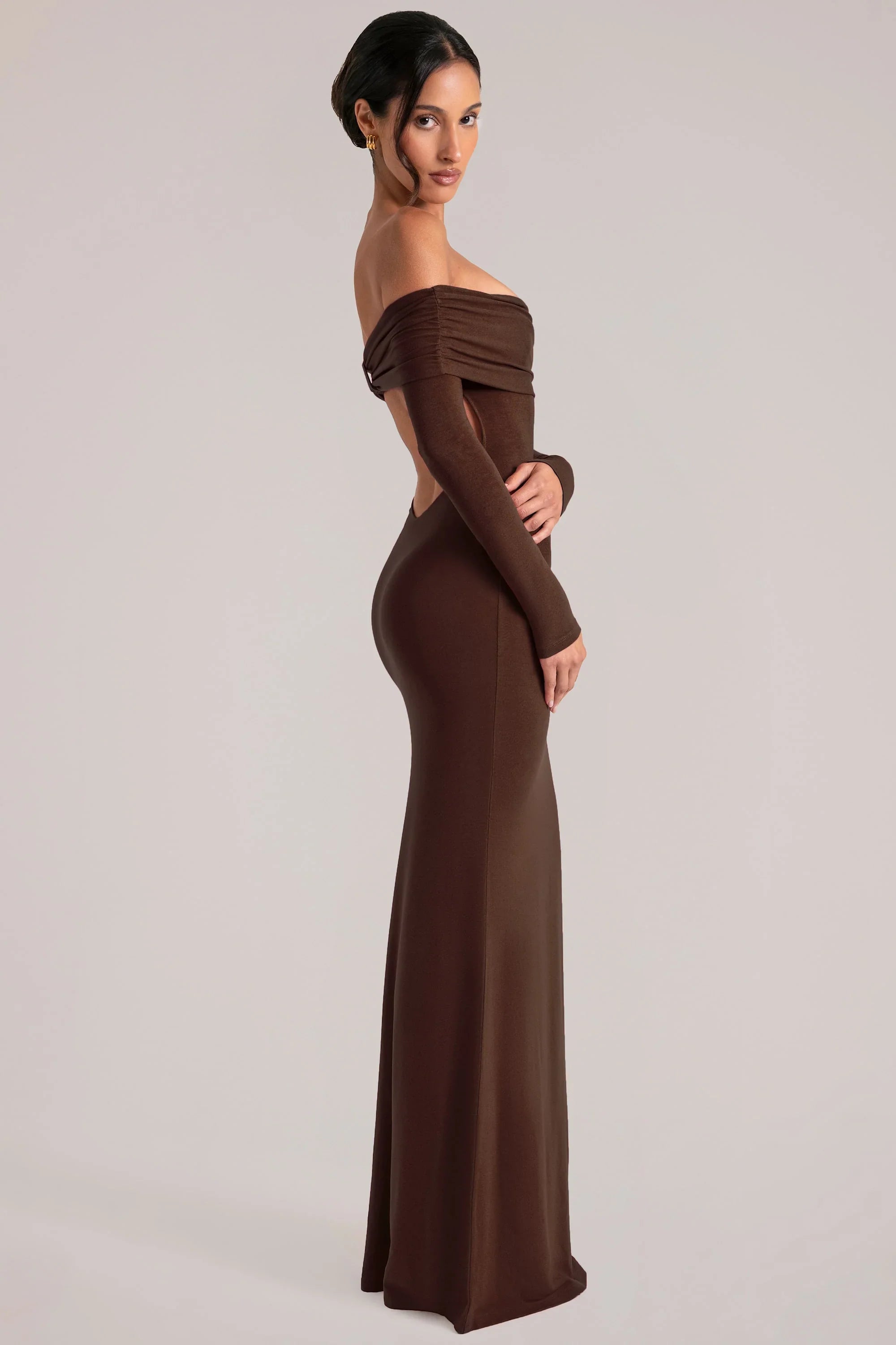 Off Shoulder Long Sleeve Maxi Dress in Chocolate Brown