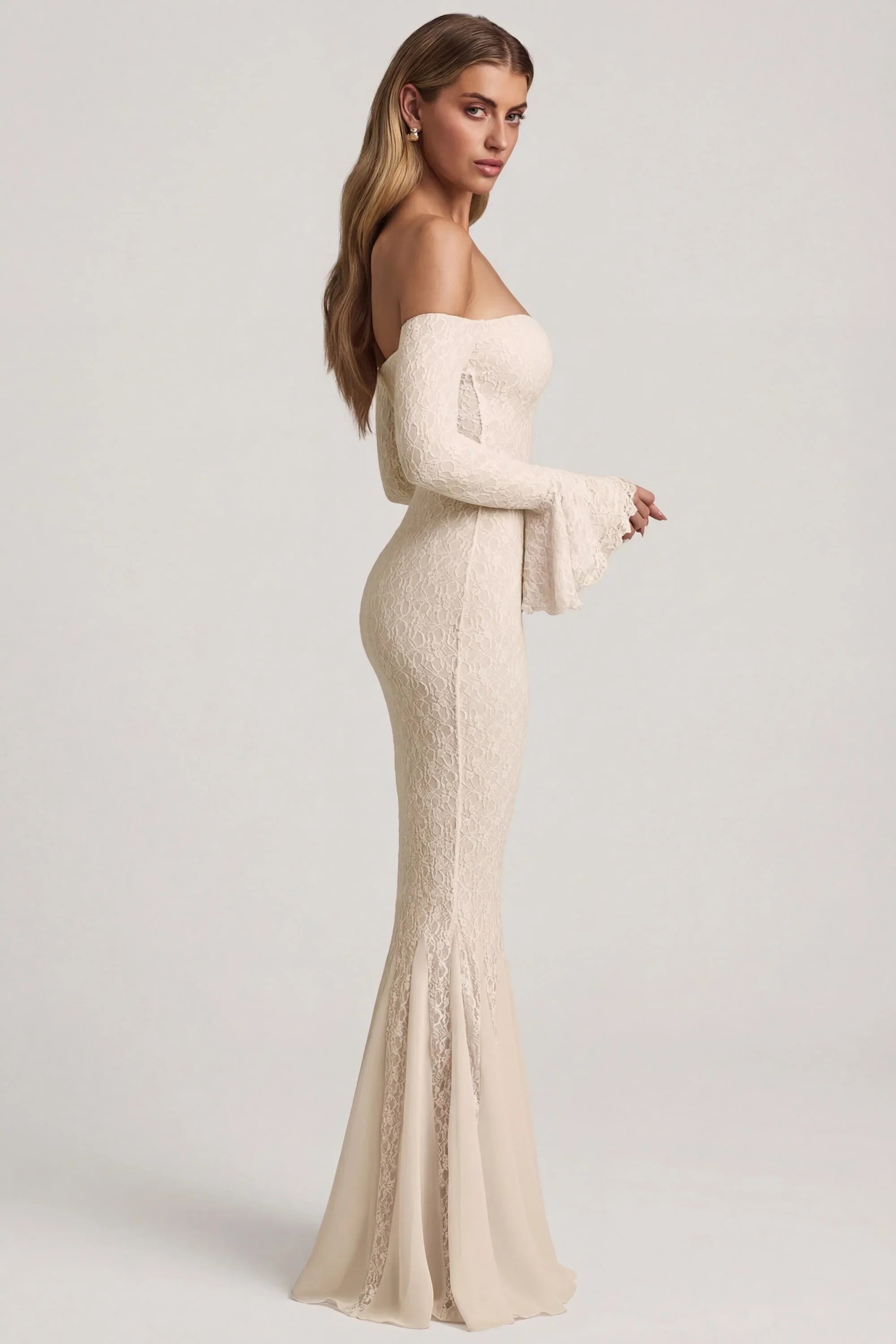 Off Shoulder Ruffle Lace Maxi Dress in Ivory