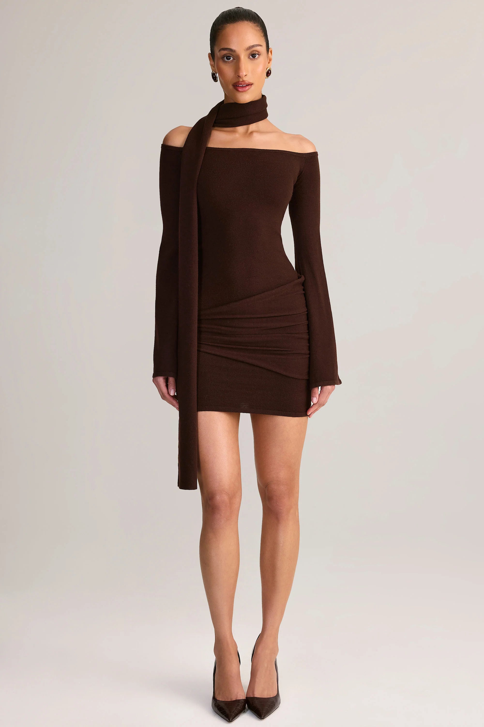Knit Scarf Detail Off Shoulder Mini Dress in Chocolate Brown
