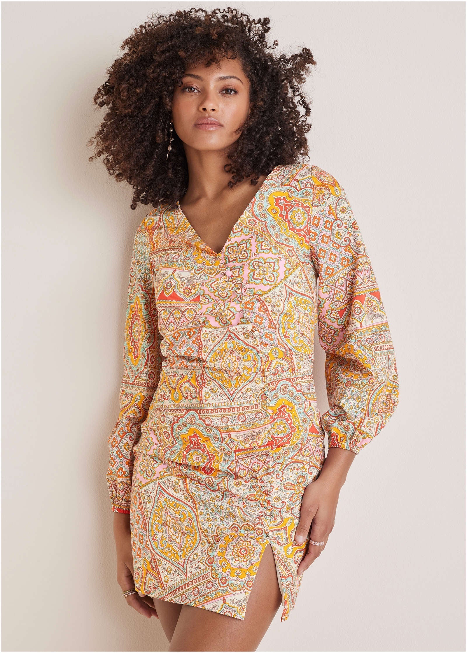 Balloon Sleeve Mini Dress Medallion Golden Patchwork