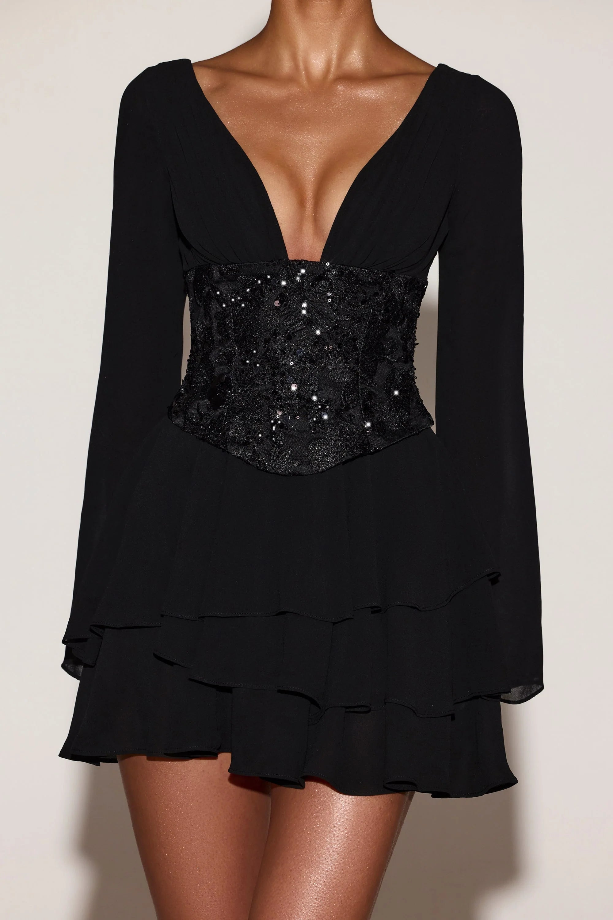 Chiffon Embellished Corset A line Mini Dress in Black