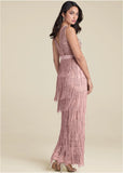 Embroidered Fringe Long Dress Tan