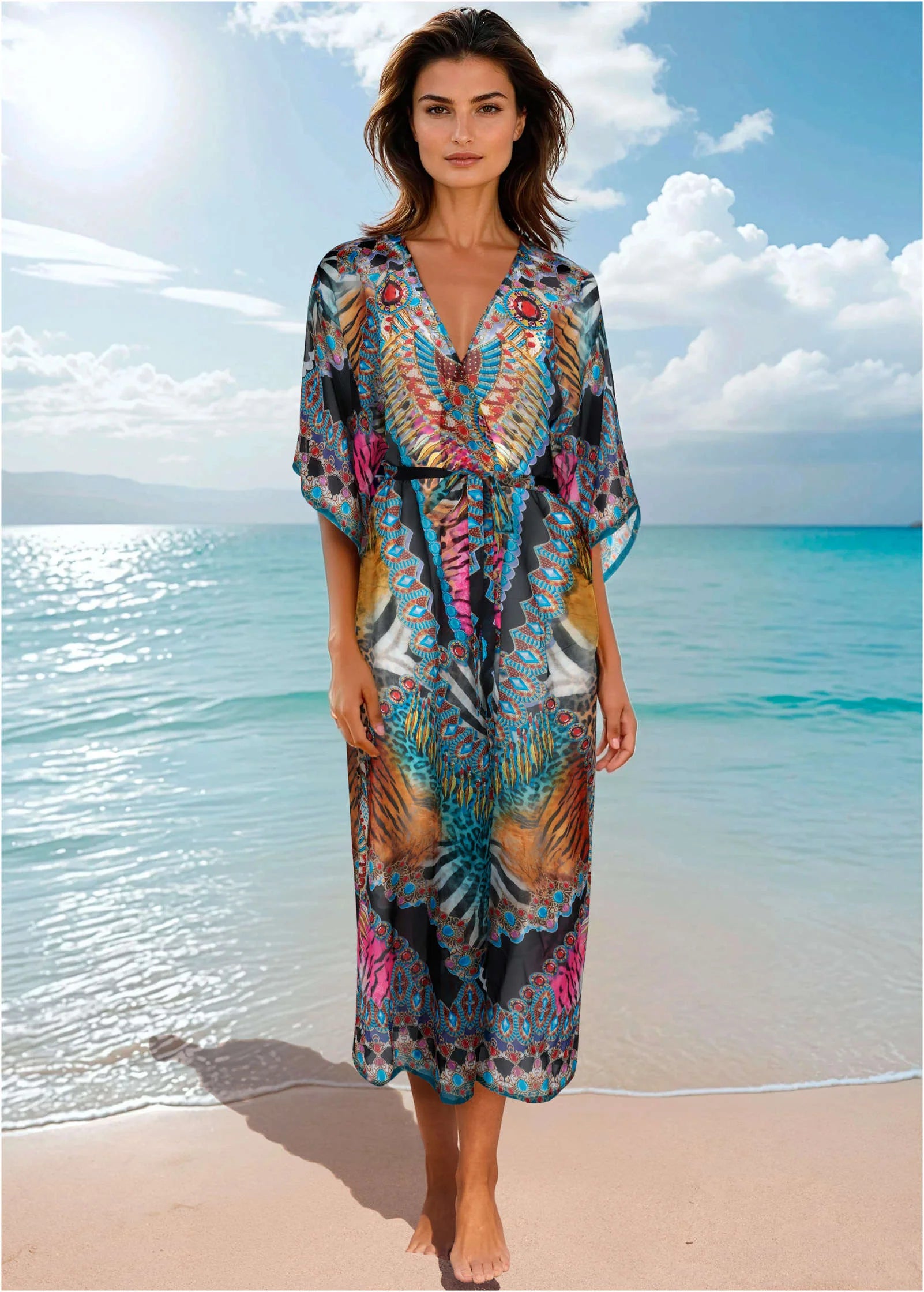 Long Kimono Cover Up Mirrored Jungle