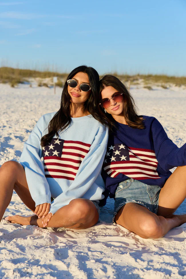 Home Of The Free Light Blue Textured Flag Sweater