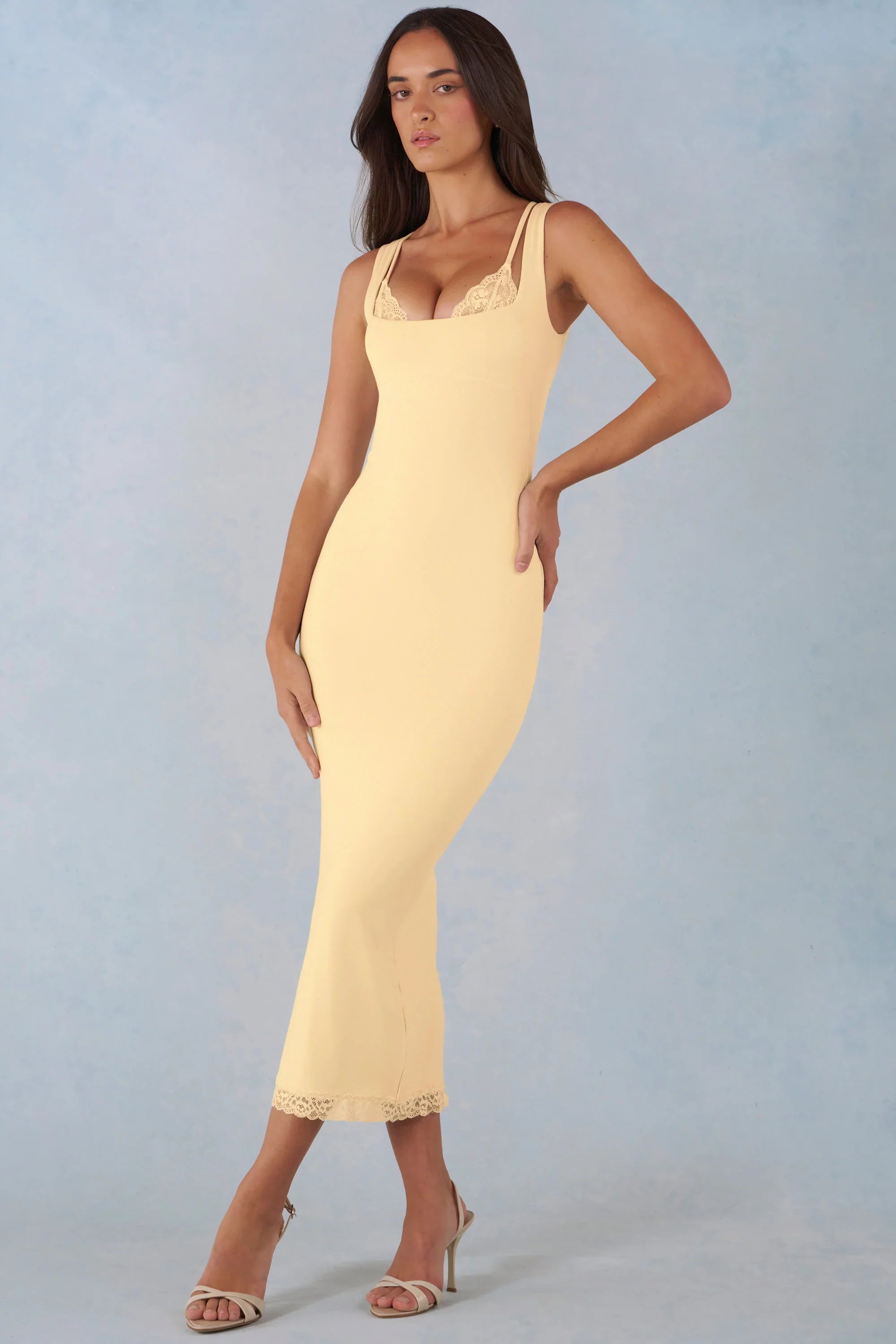 Modal Lace Trim Midaxi Dress in Butter Yellow