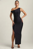 Ruched Asymmetric One Shoulder Maxi Dress in Black